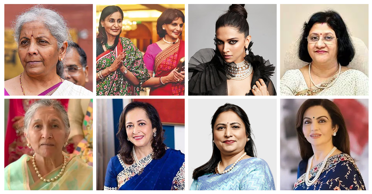 Collage of 10 powerful Indian women leaders and icons wearing elegant pearl jewelry, showcasing grace, strength and timeless style.