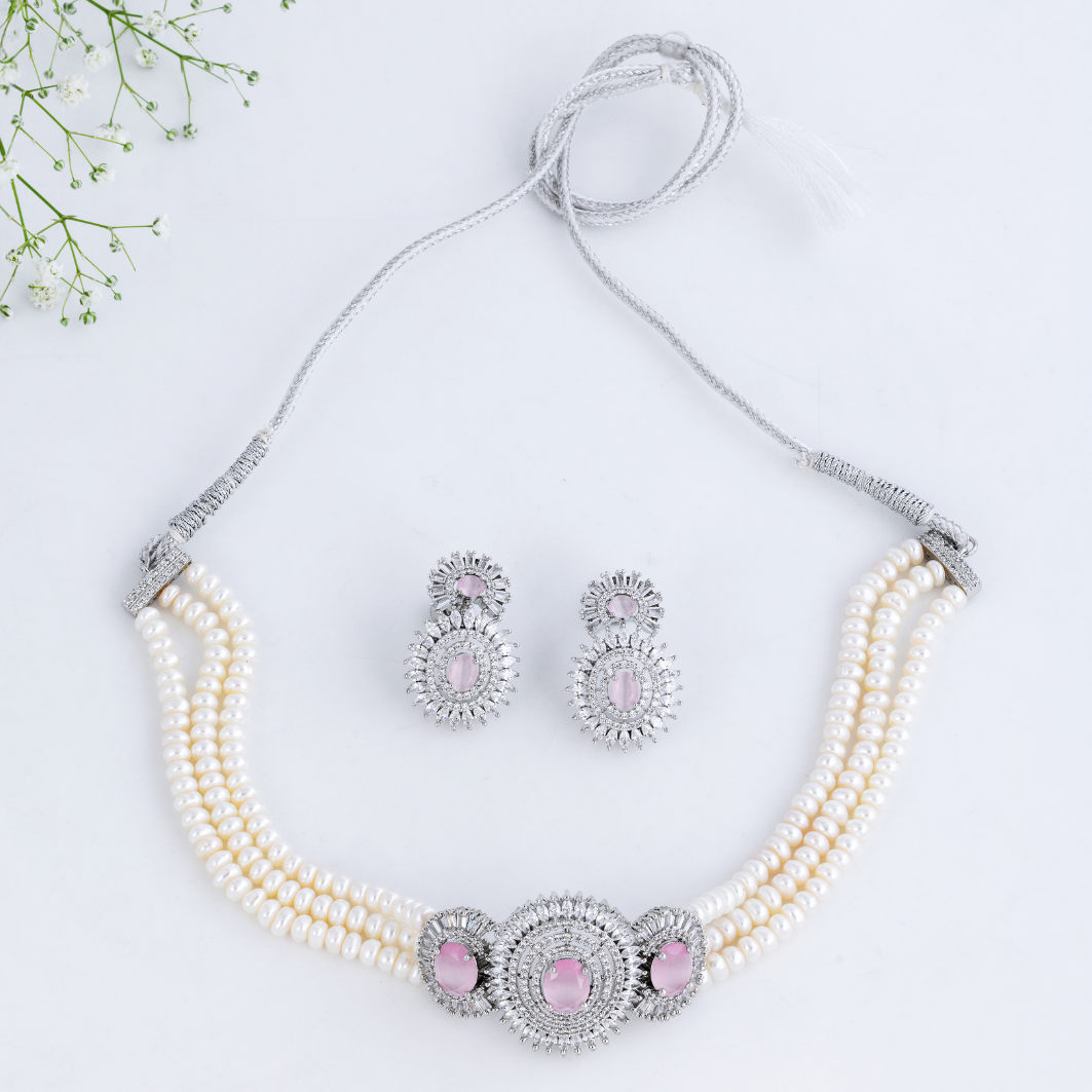 Pink Petal Triple-Strand Pearl Choker Set