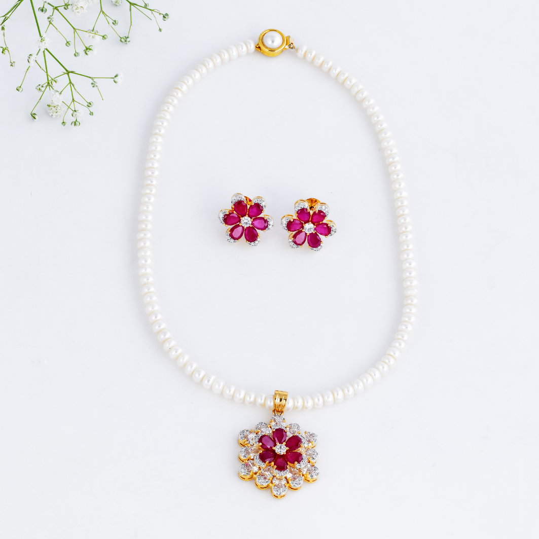 Ruby Bloom Pearl Pendant Set