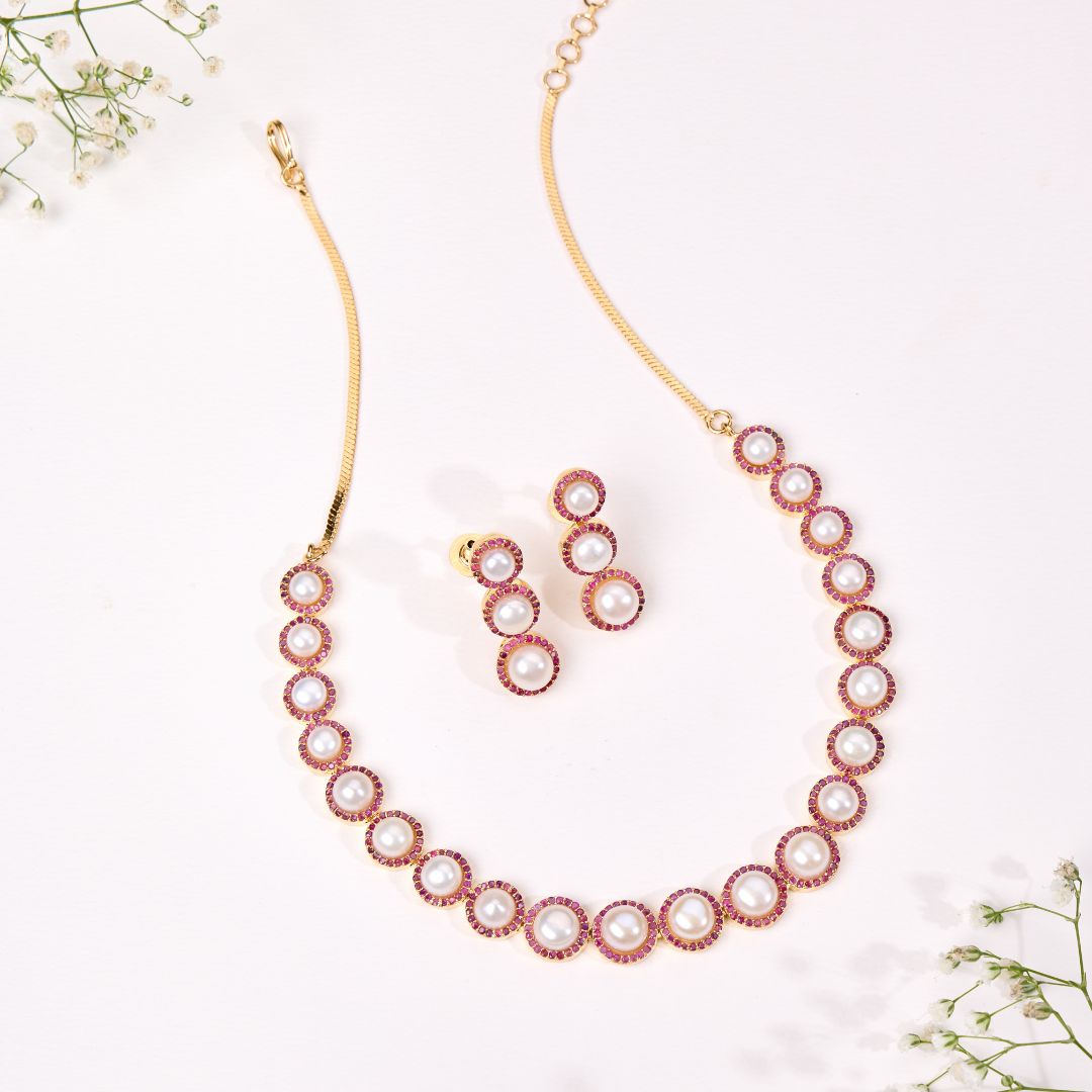 Blushing Flora Pink Halo Pearl Necklace Set