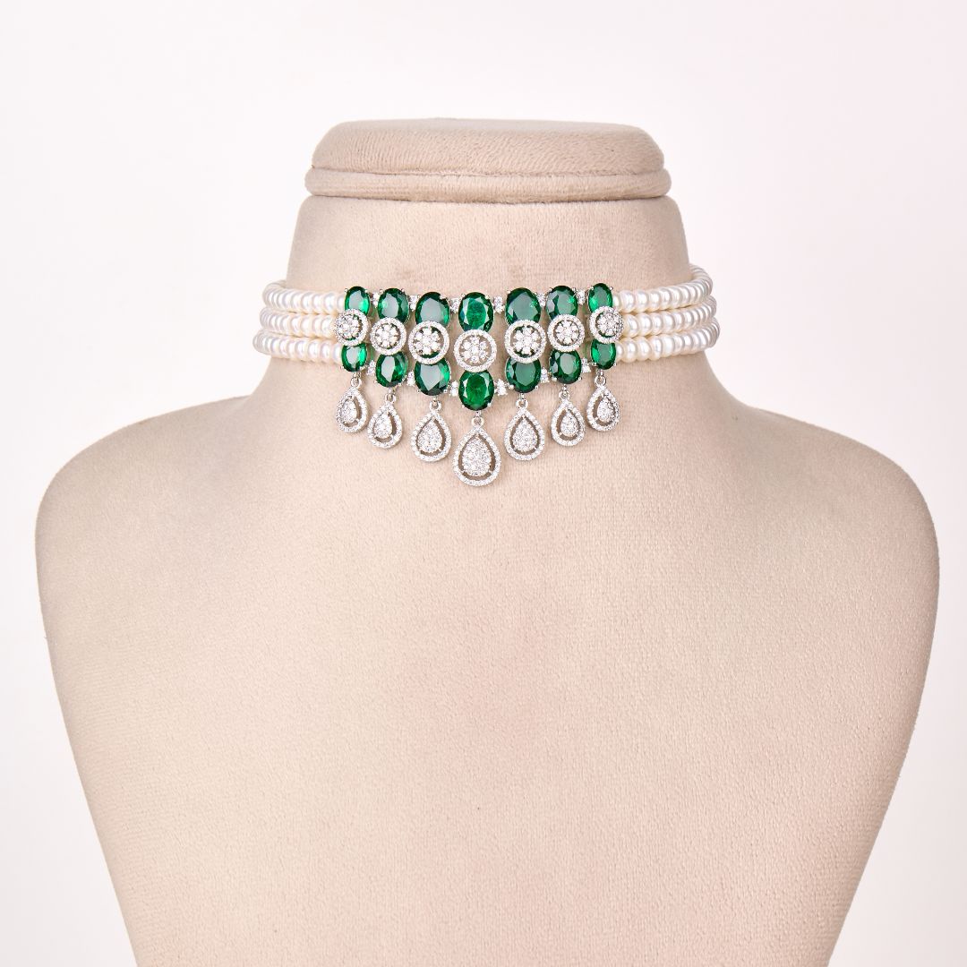 Emerald Silver Accents Pearl Necklace Set