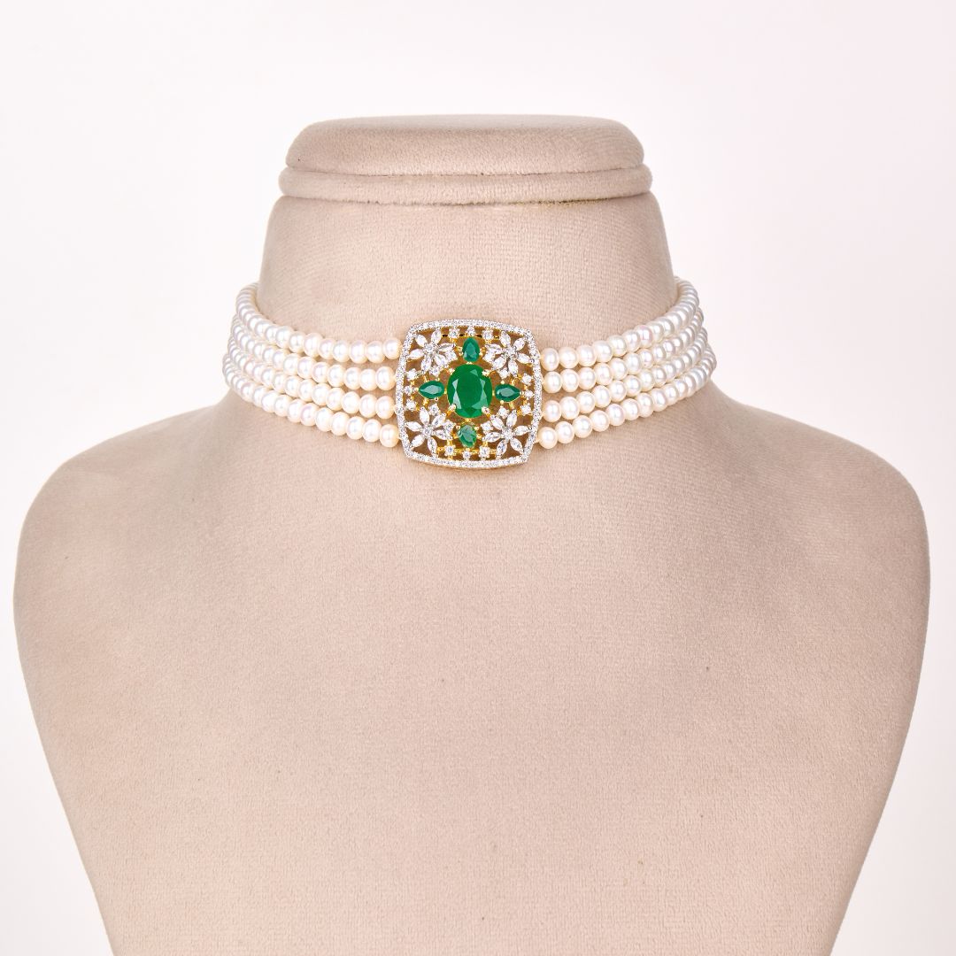 Emerald Bloom Pearl Choker Set