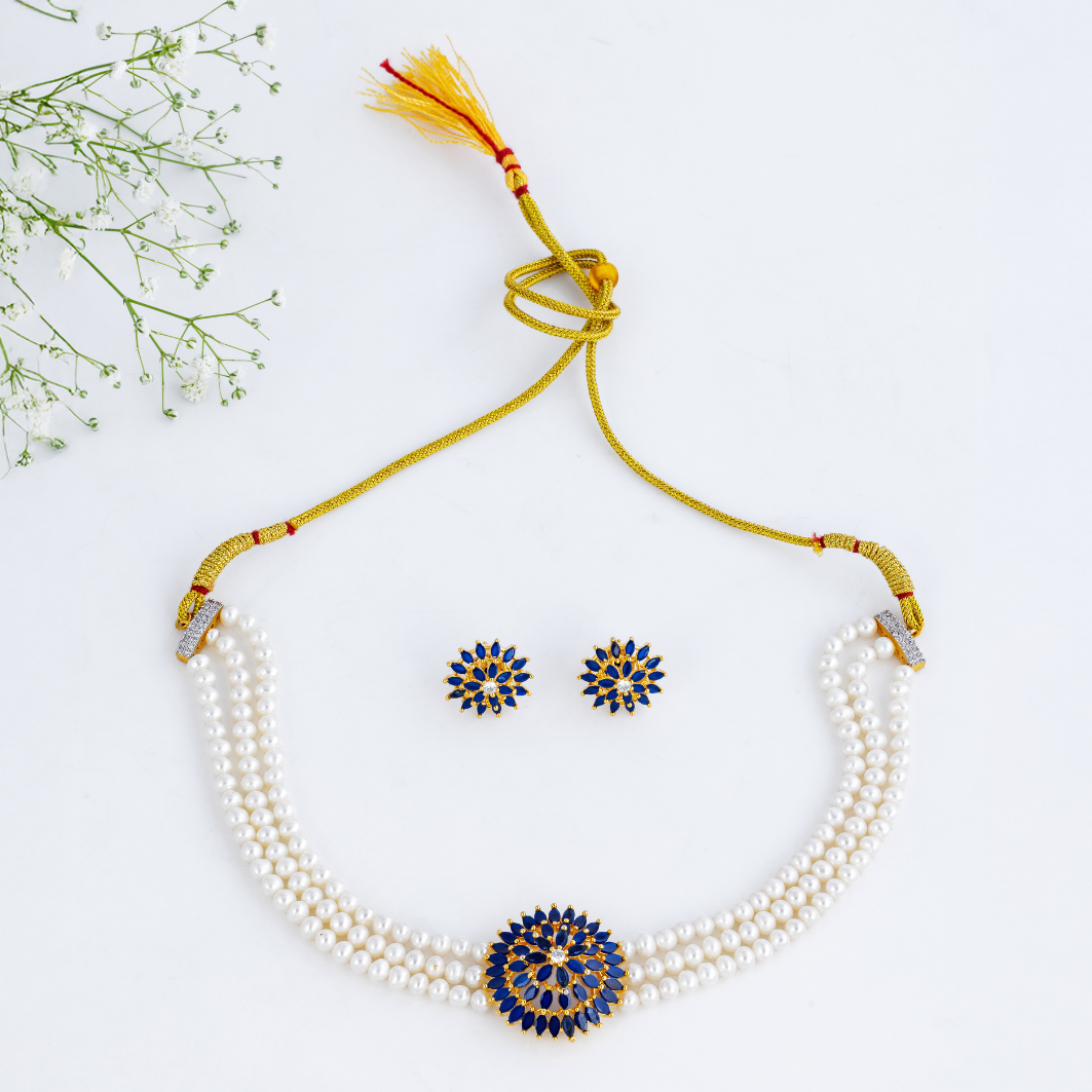 Sapphire Charm Triple-Strand Pearl Choker Set