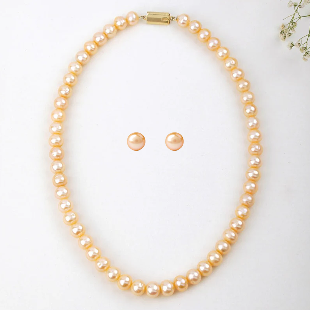 Freshwater Peach Pearl Necklace Set