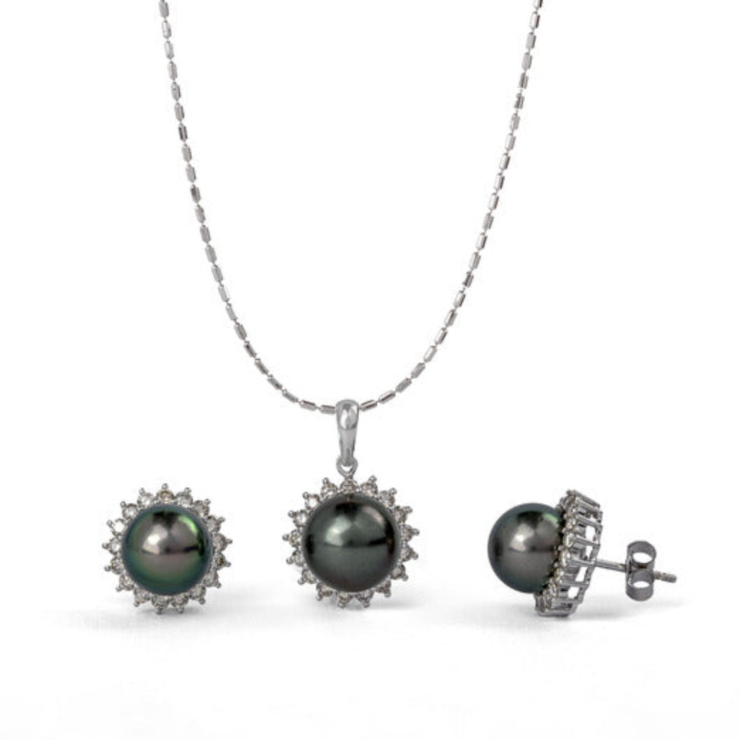 Black Tahiti Pearl Diamond Pendent Earring Set