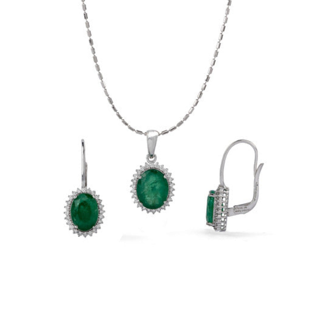 Emerald and Diamond Oval Pendant and Earrings Set