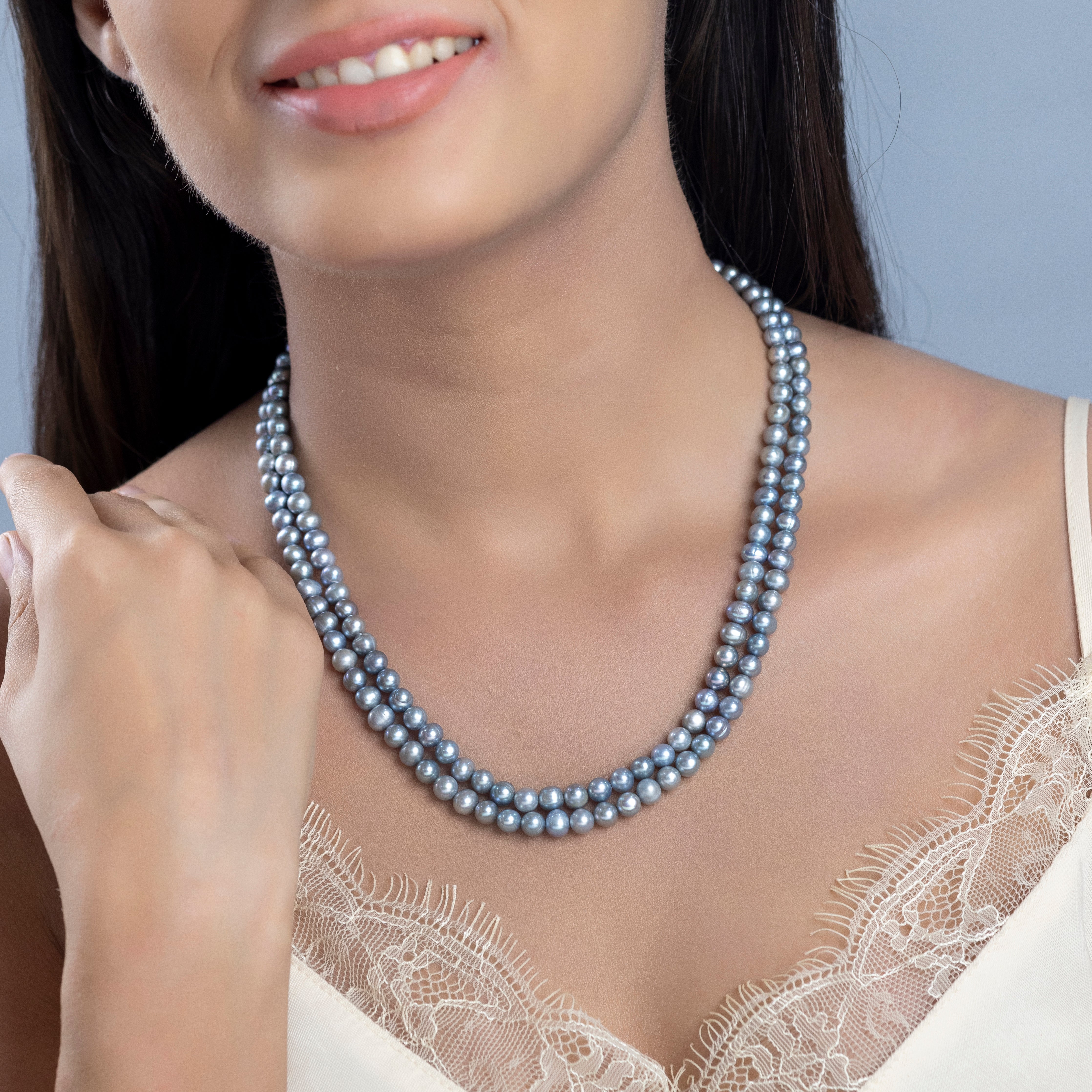 Freshwater Grey Lust Oval & Round Mix 2-Line Pearl Necklace