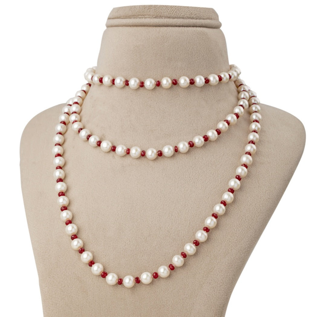 Freshwater White and Red Ruby Pearl Necklace