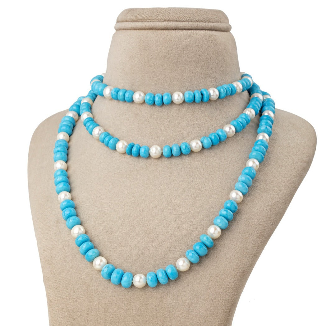 Freshwater White And Blue Turquoise Opera Pearl Necklace