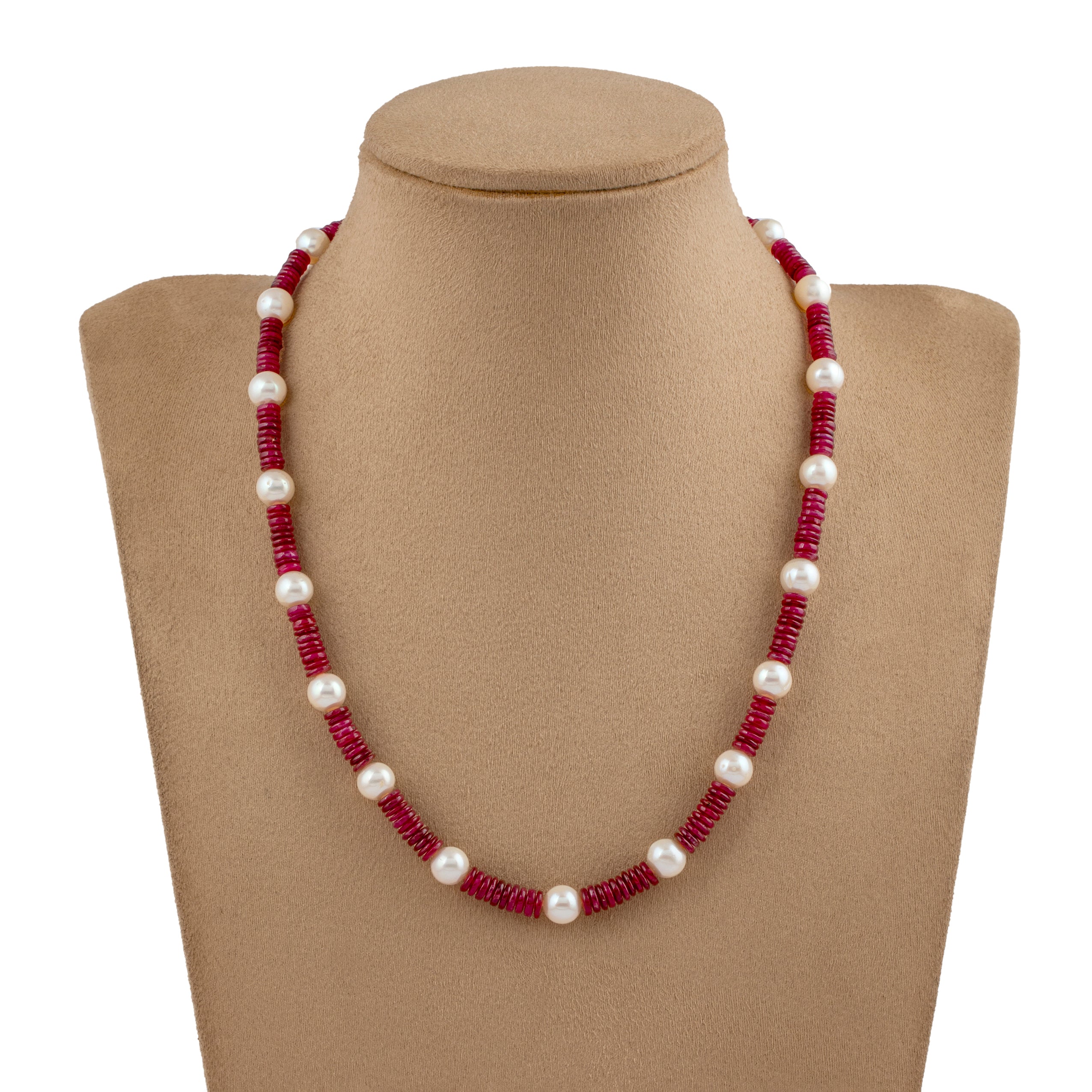 Single-line Freshwater Pearl and Ruby Necklace