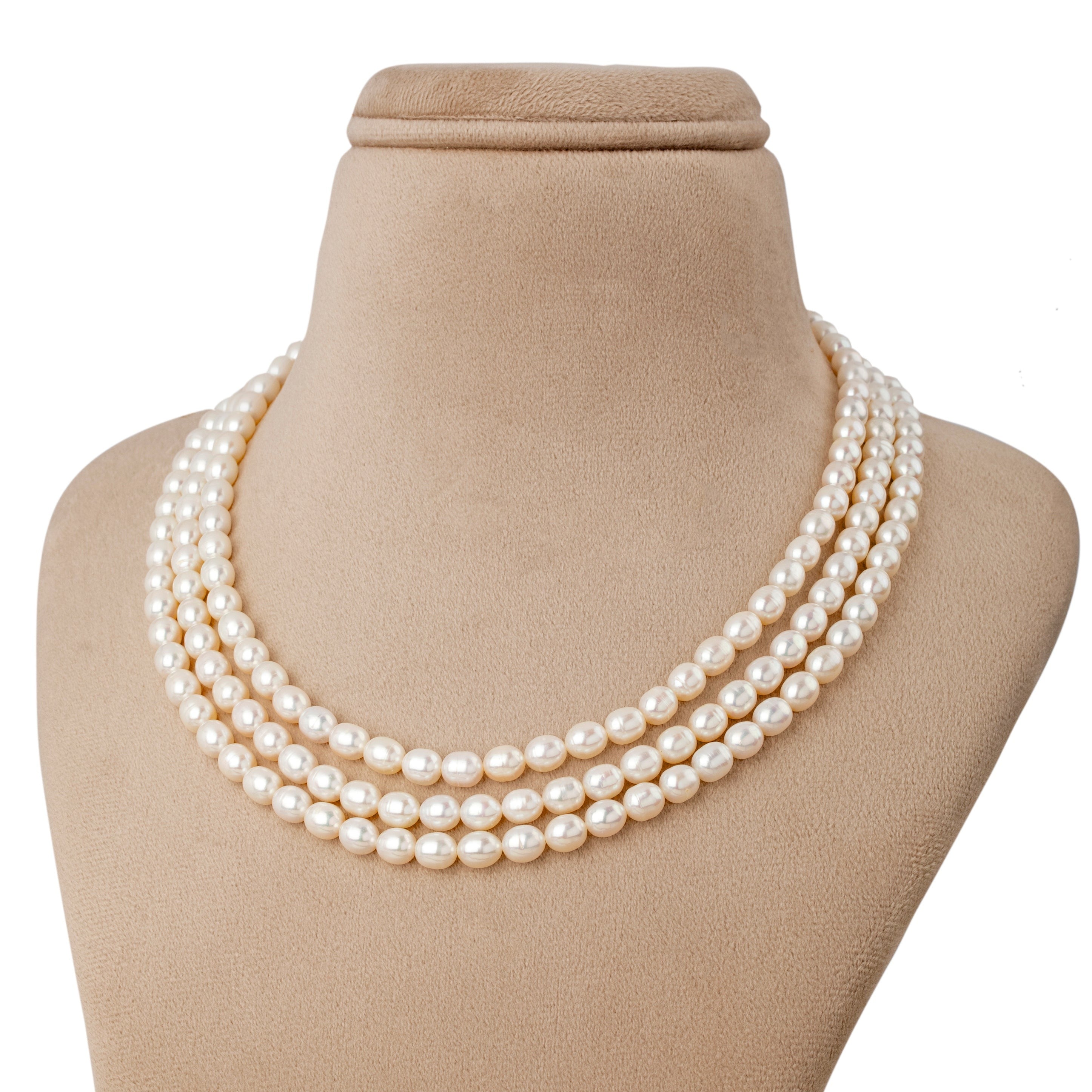 Freshwater oval White beauty 3-line Pearl Necklace