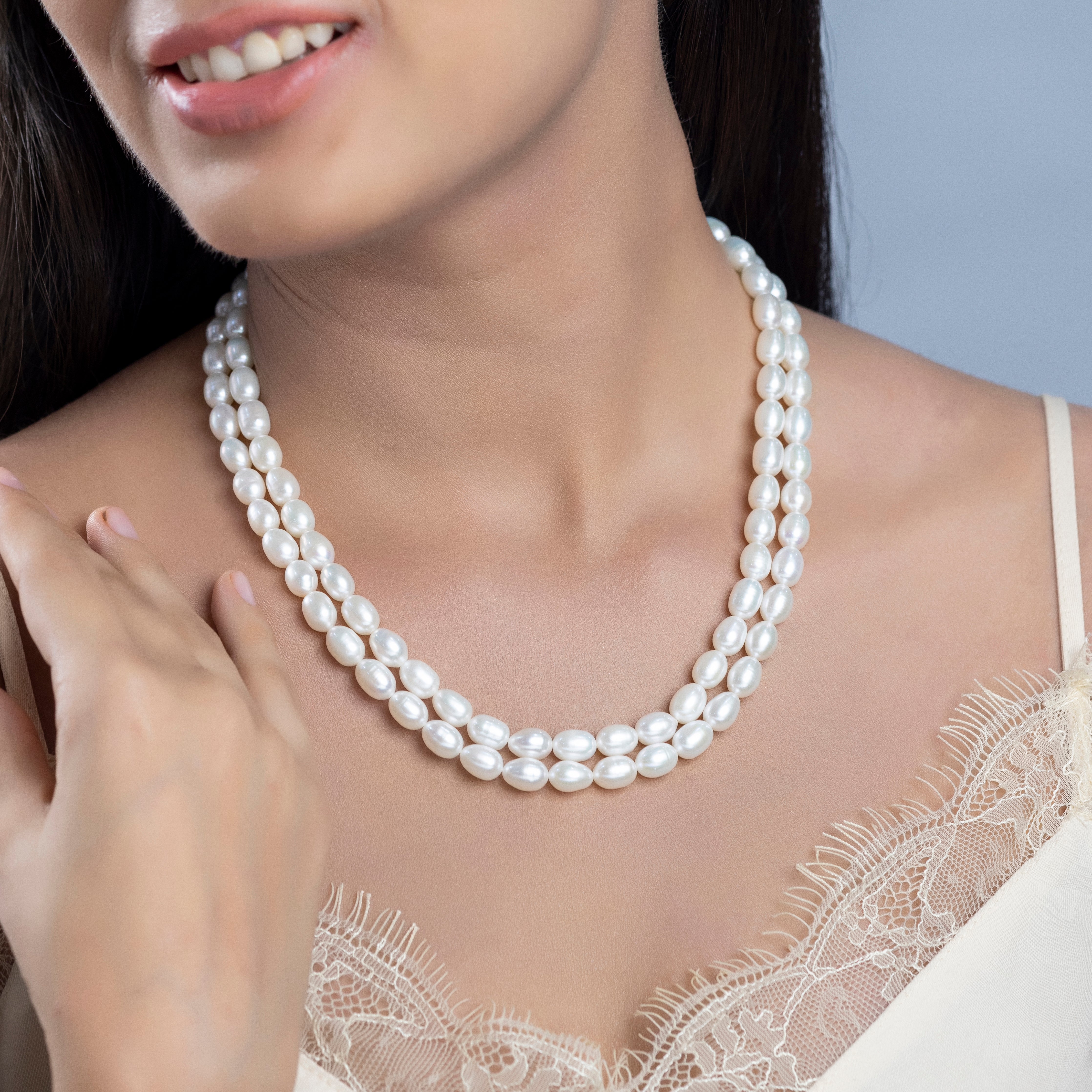 Freshwater Small White Oval Beauty 2-Line Pearl Necklace