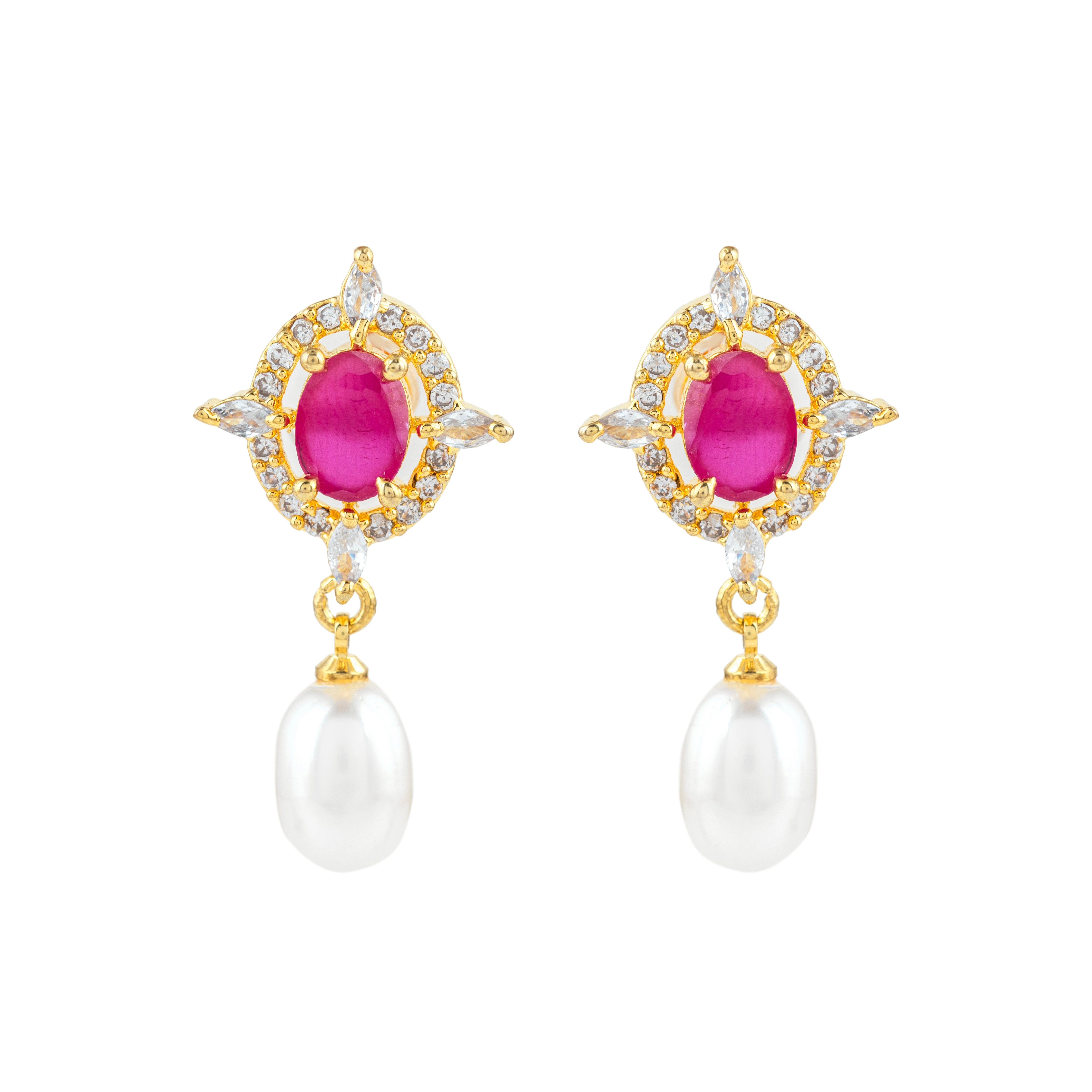 Crimson Oval Pearl Drop Earrings | Sapphire Gemstone Earrings
