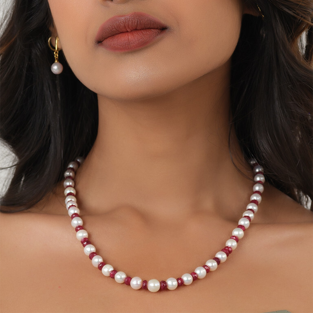 White & Ruby Freshwater Pearl Necklace