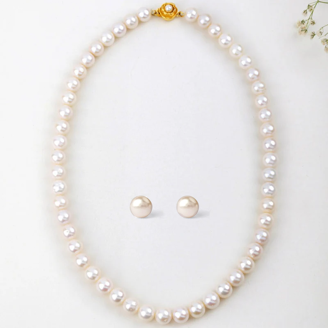 Freshwater Sweet White Beauty Pearl Necklace & Snowy Pearl Solitaire Earring Set