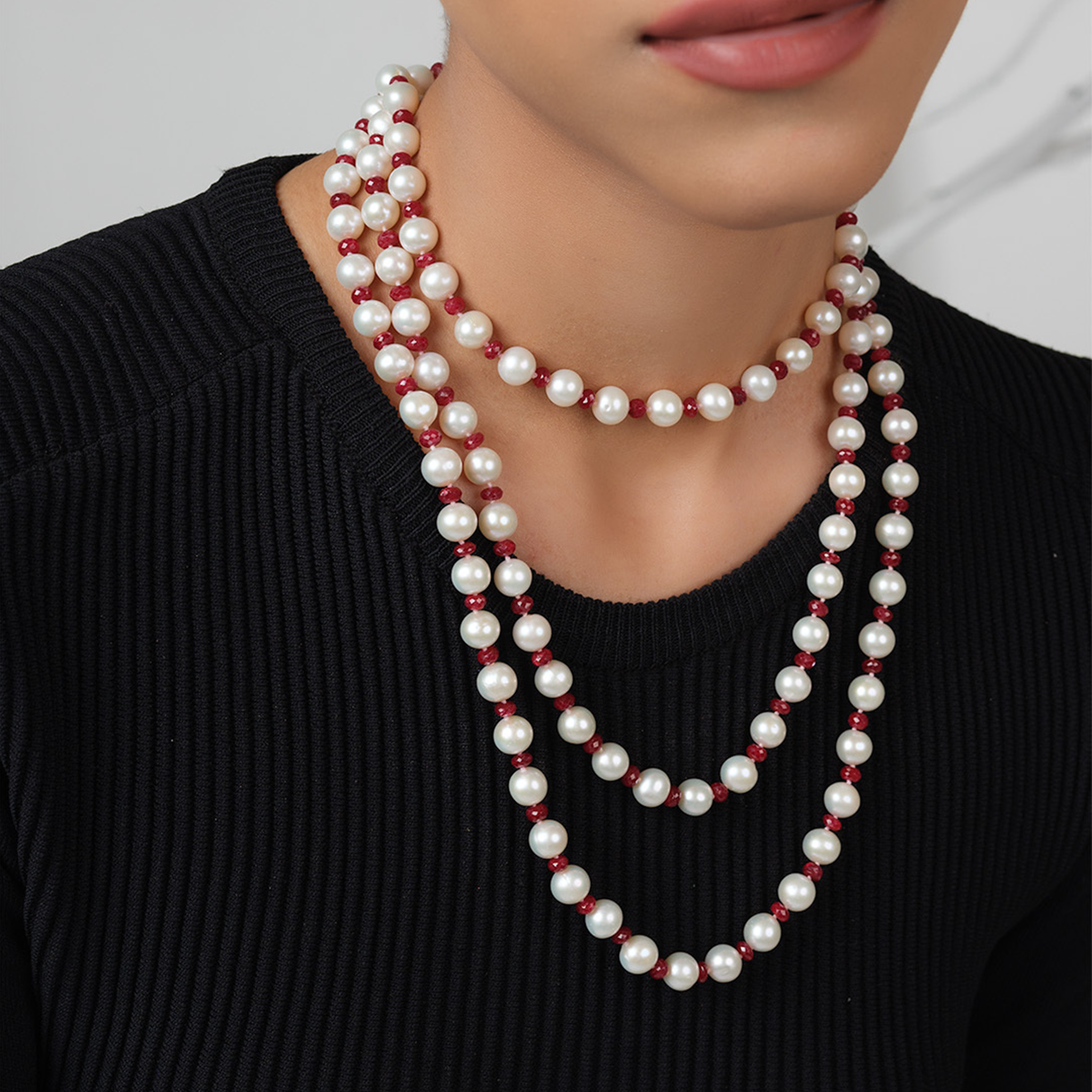 Freshwater White and Red Ruby Opera Pearl Necklace