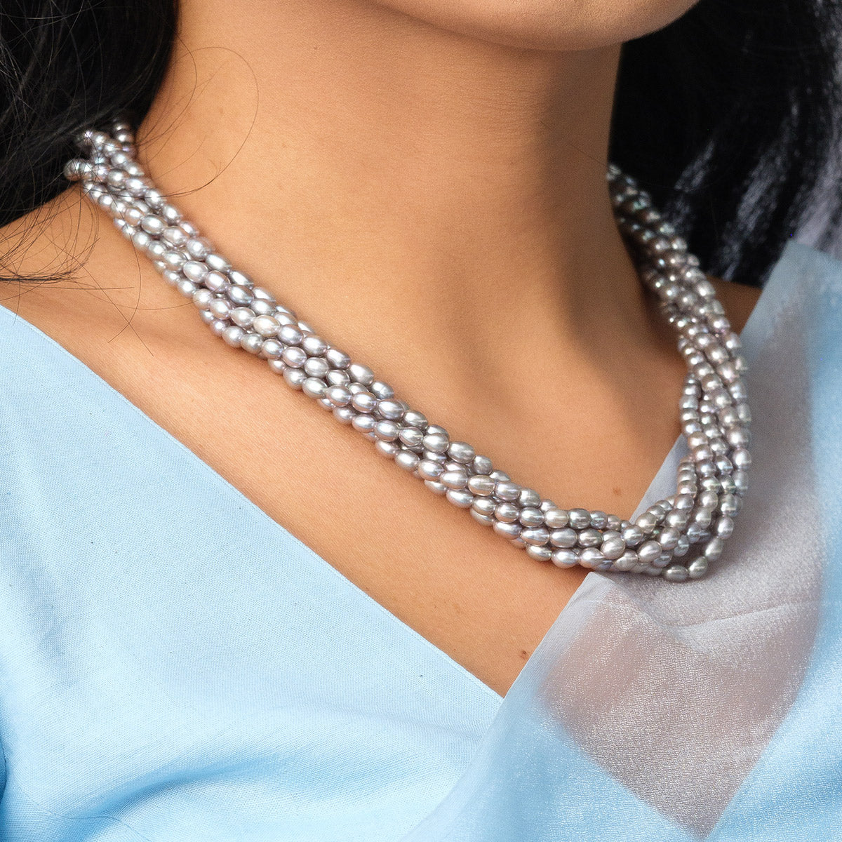 Freshwater Grey Lust Rice Ball 5-Line Twisted Pearl Necklace