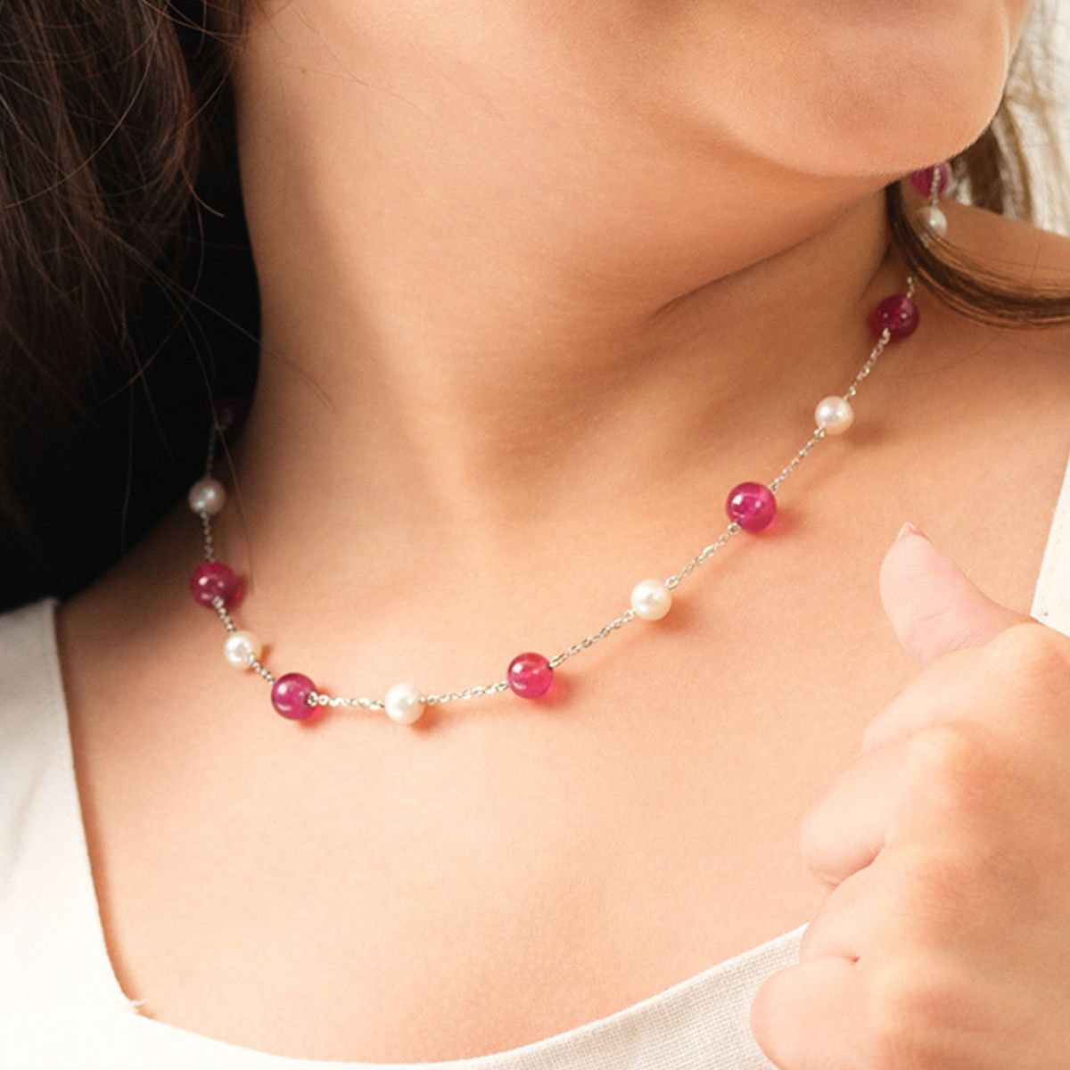 Freshwater Pearl And Ruby Pearl Chain