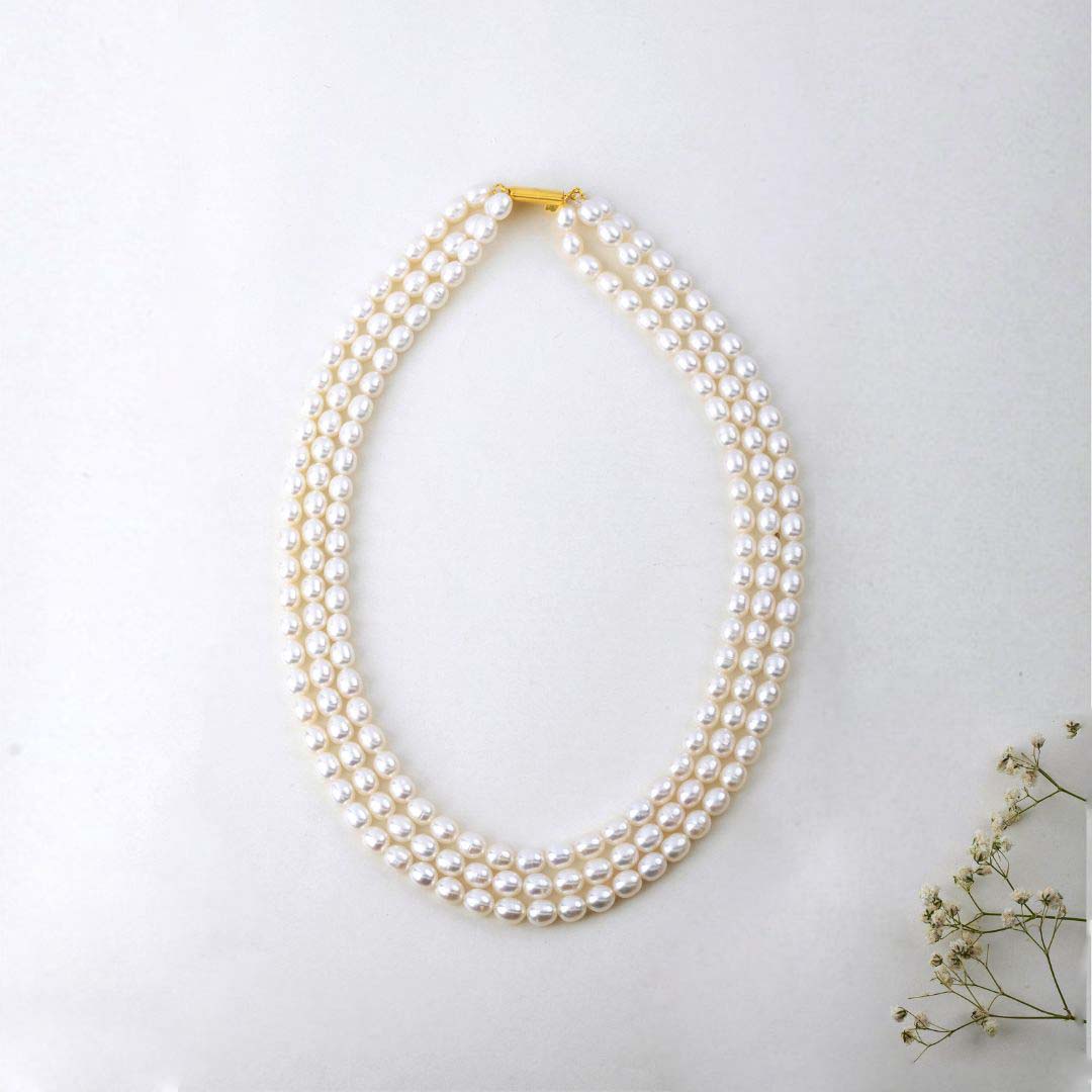 Freshwater oval White beauty 3-line Pearl Necklace