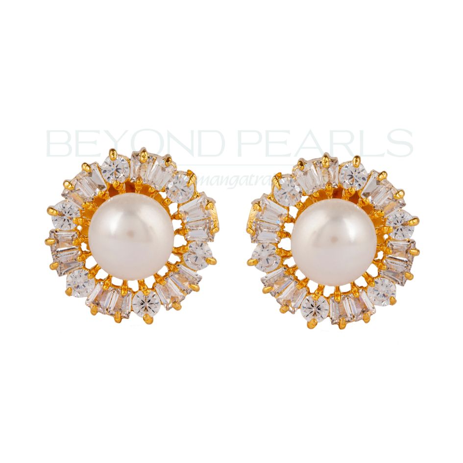 Glistening CZ and Pearl Stud Earrings