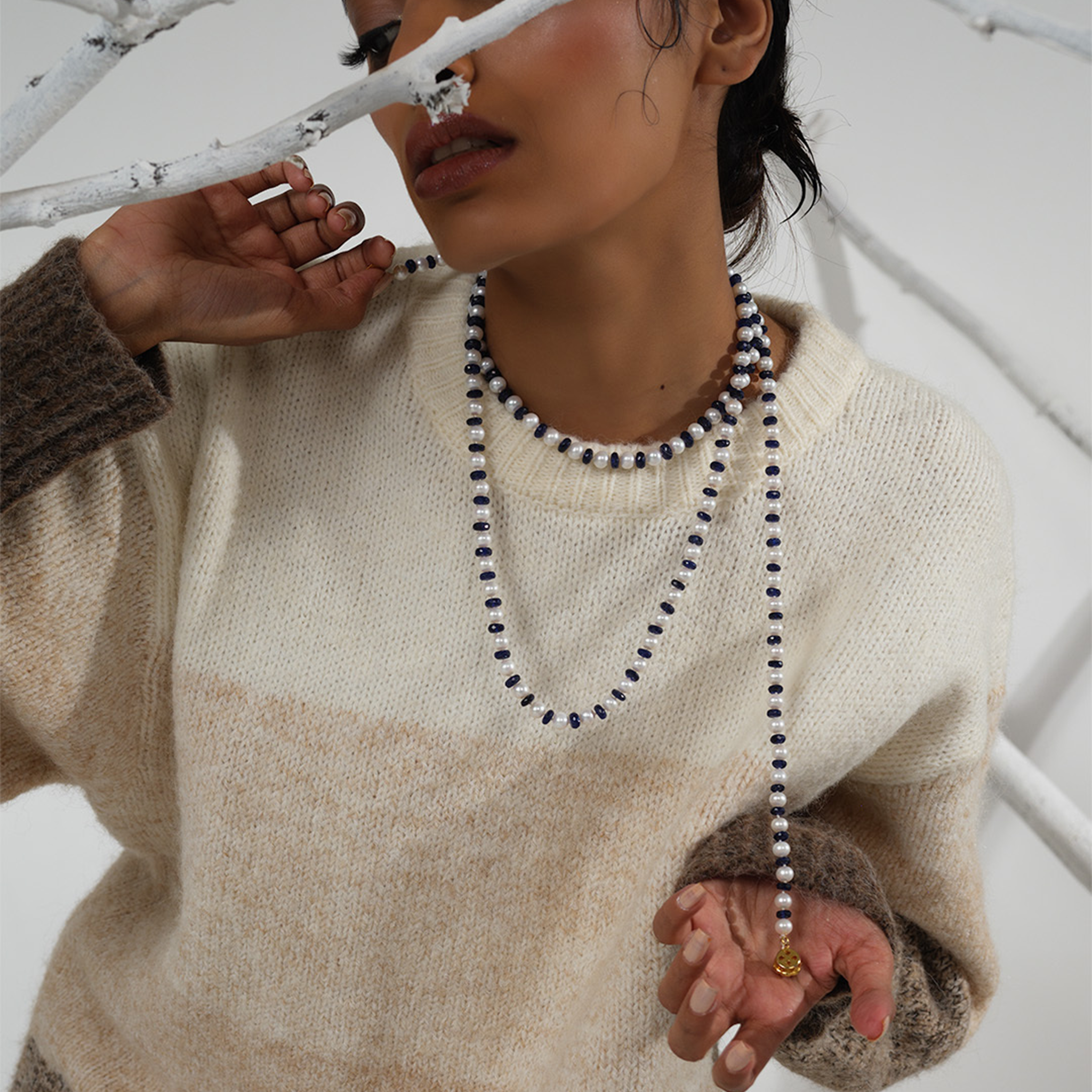 Long Freshwater Blue & White Pearl Necklace