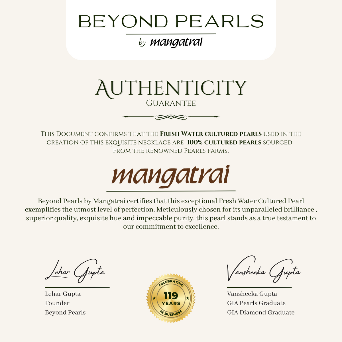 Authenticity Guarantee Pearl Certificate