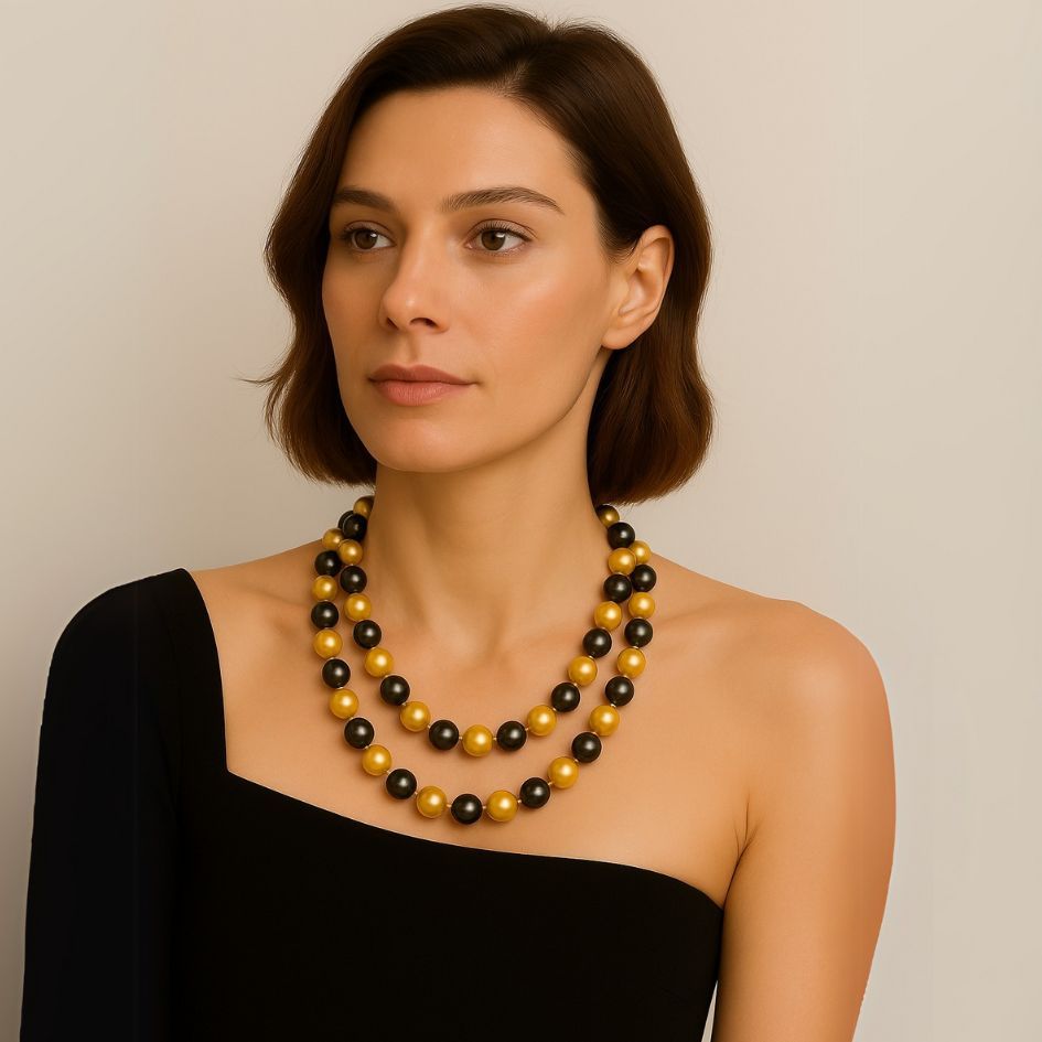 Retro Gold & Black SouthSea Tahitian Dual Pearl Necklace