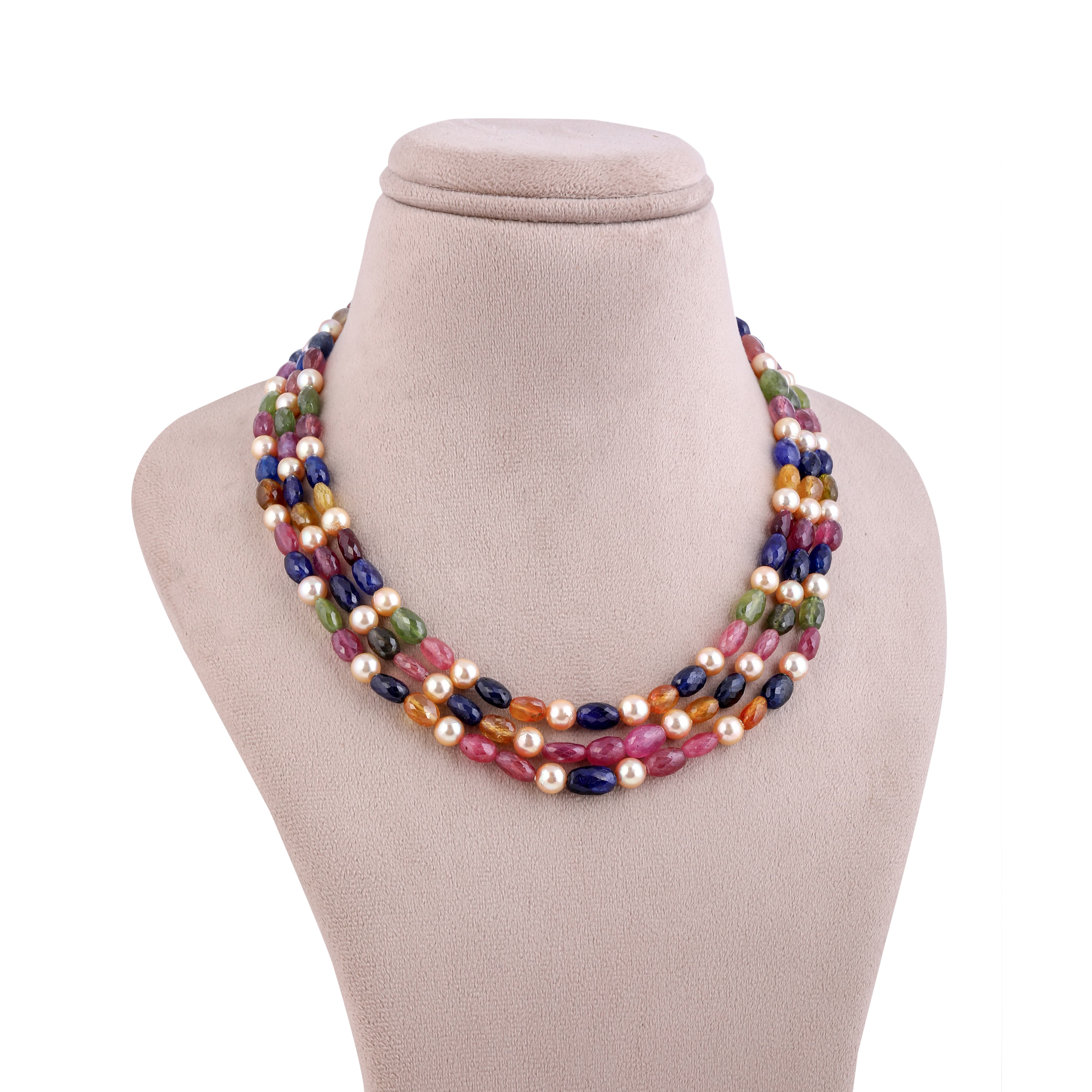 Multicolour Sapphire and Japanese Pearl Three-Line Necklace