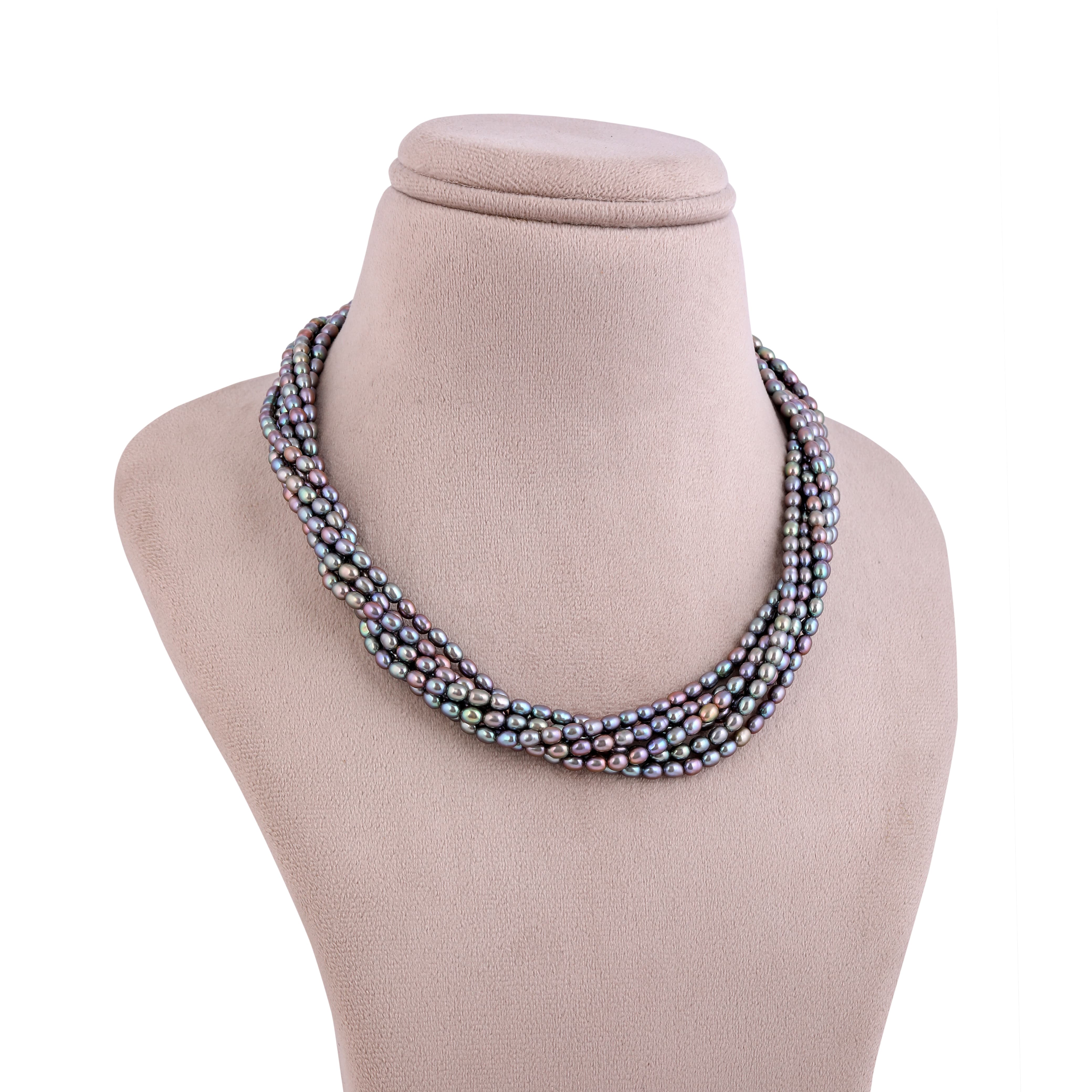 Freshwater Grayish Black Twisted 6-Line Pearl Necklace