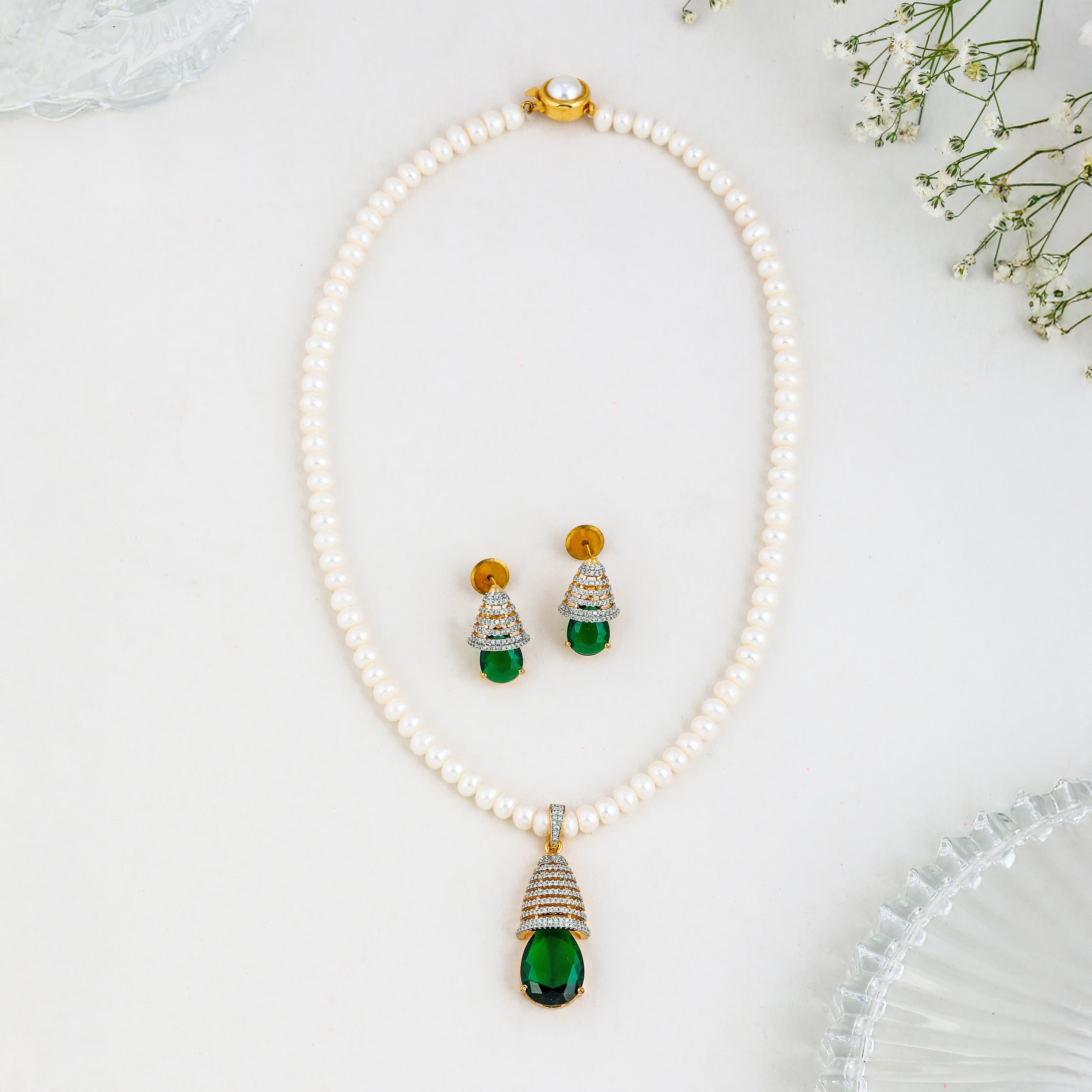 Chandelier Emerald Drop Pearl Jewelry Set