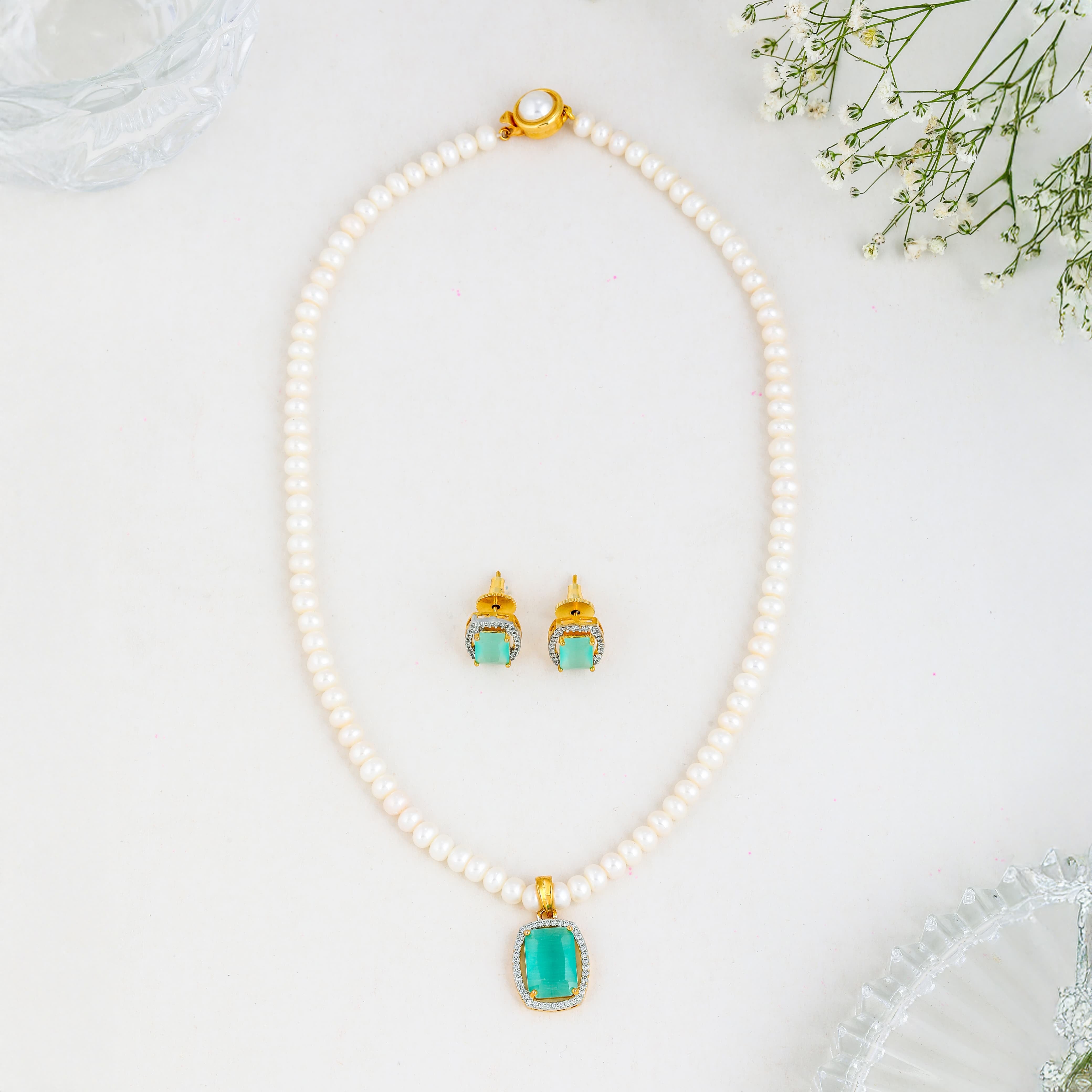 Light Green Emerald Drop Pearl Jewelry Set