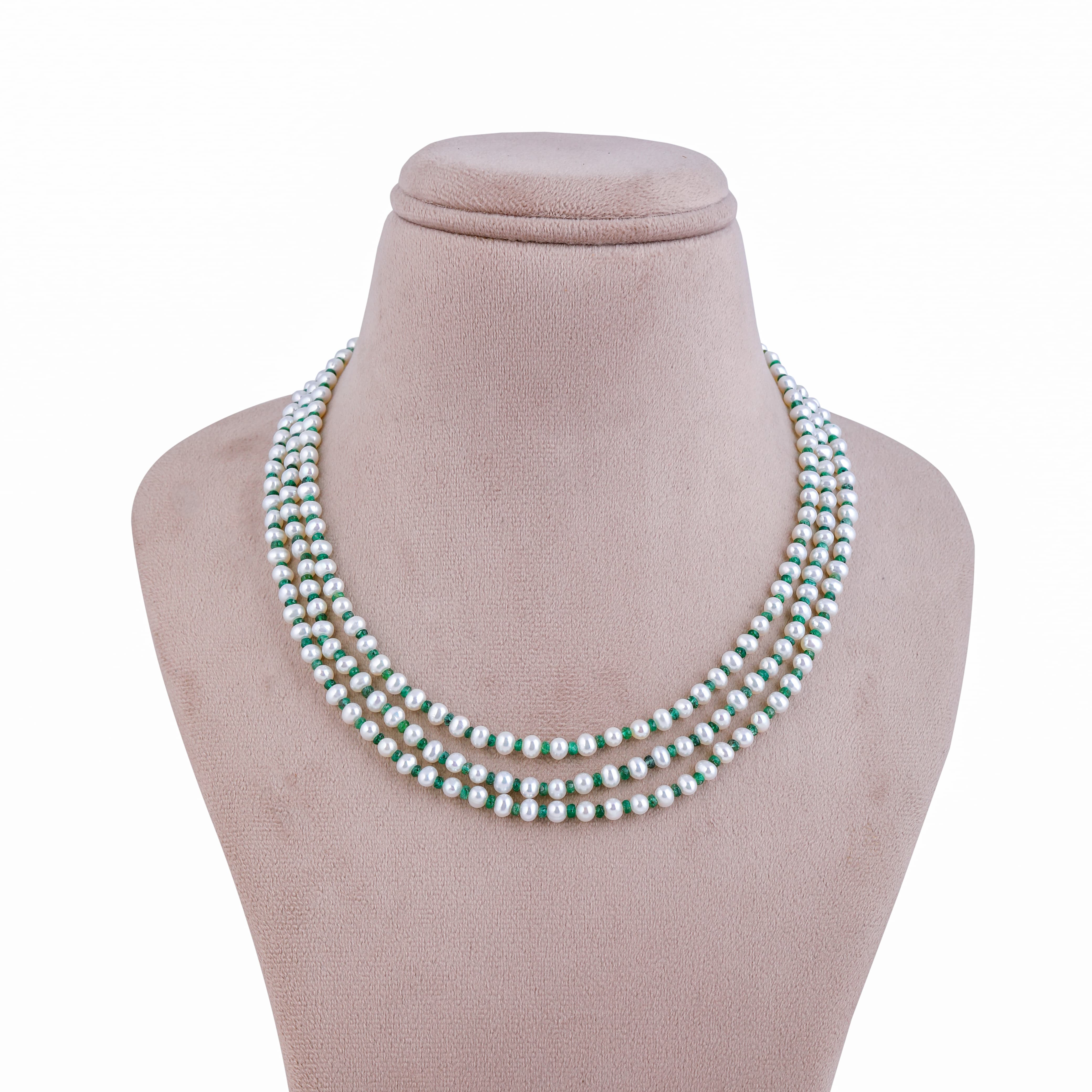 Verde Emeralds & Freshwater Pearl Necklace - 3 Rows