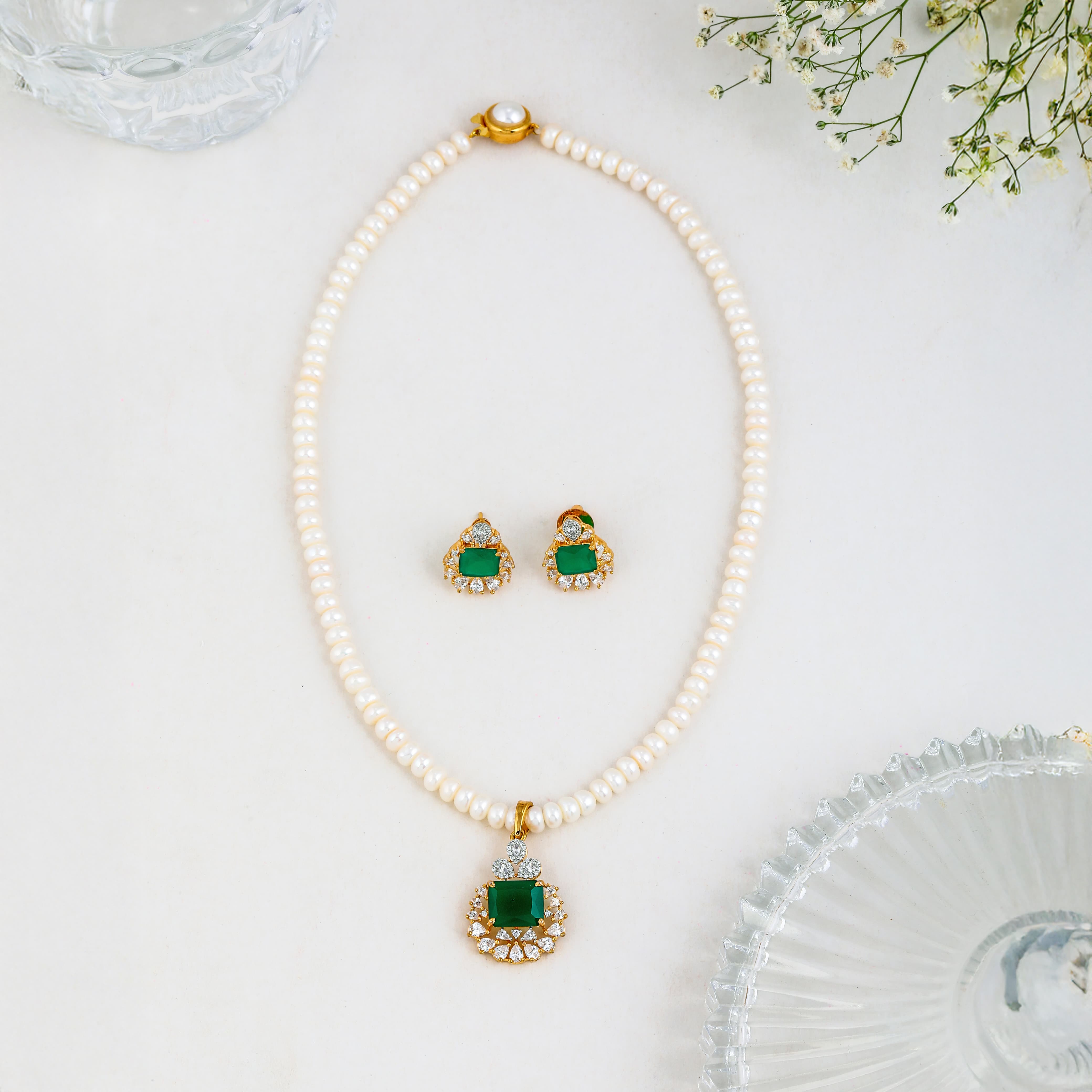 Emerald Shape Drop Pearl Jewelry Set