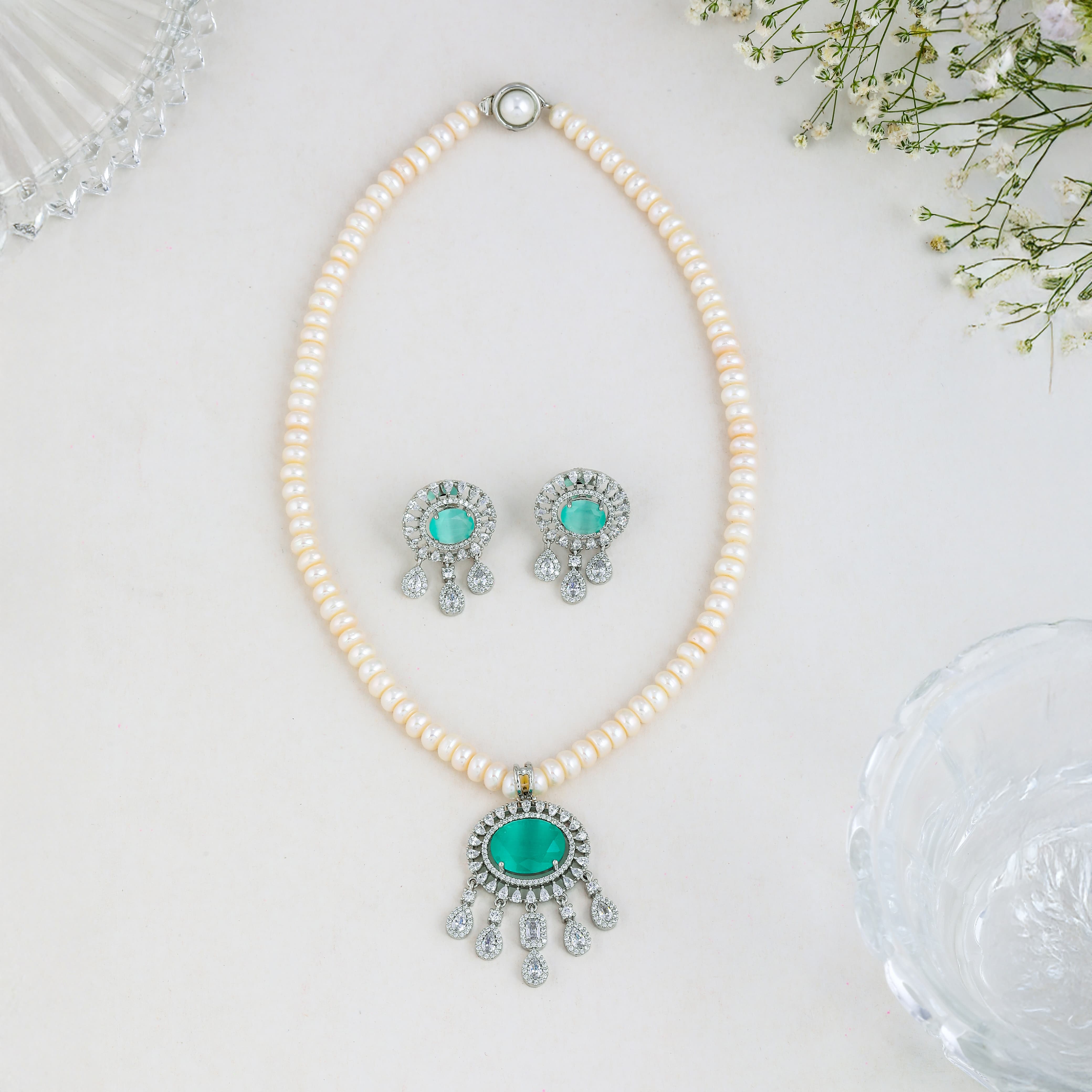 Light Green Radiance CZ Drops Pearl Jewelry Set