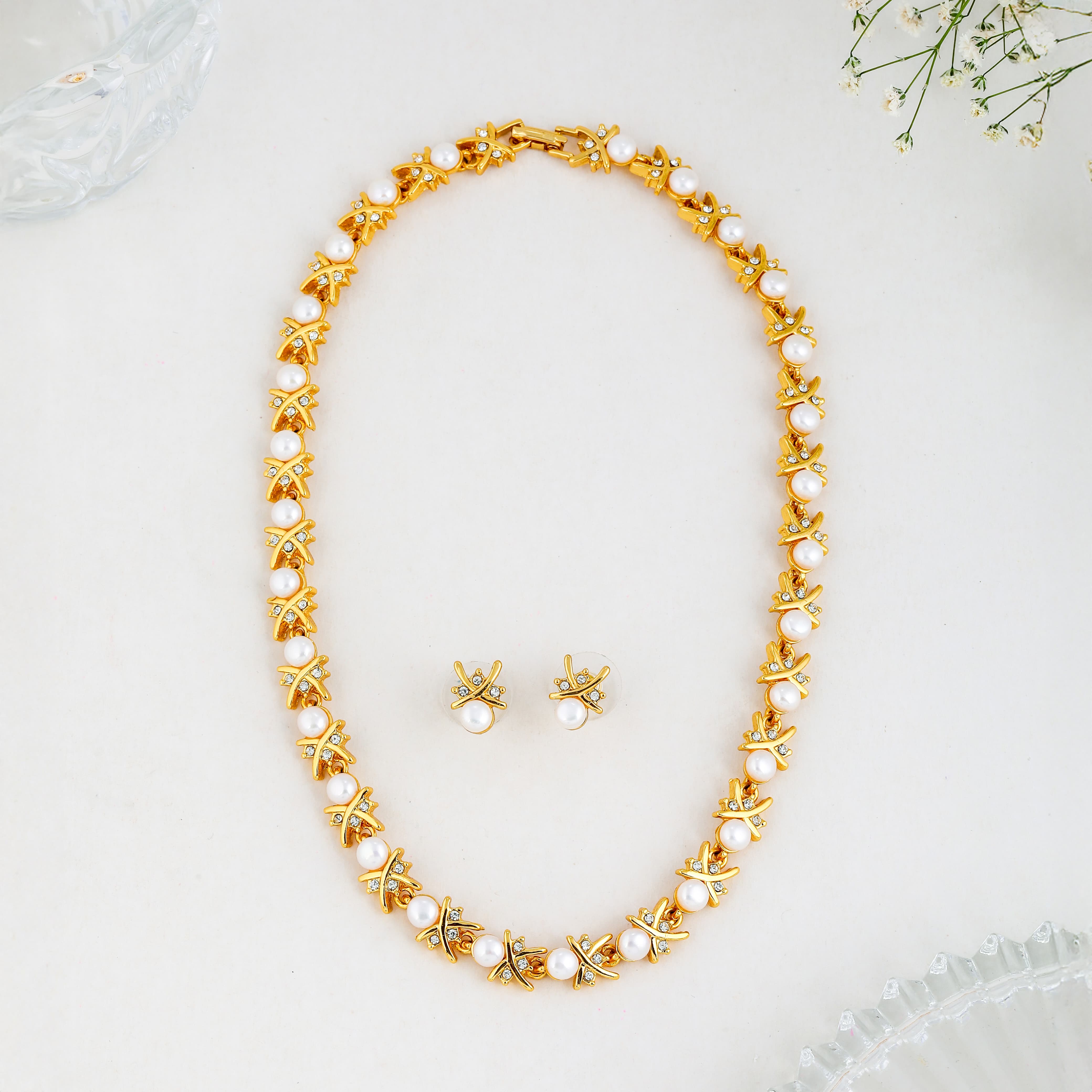 White Gold Pearl Choker Necklace Set