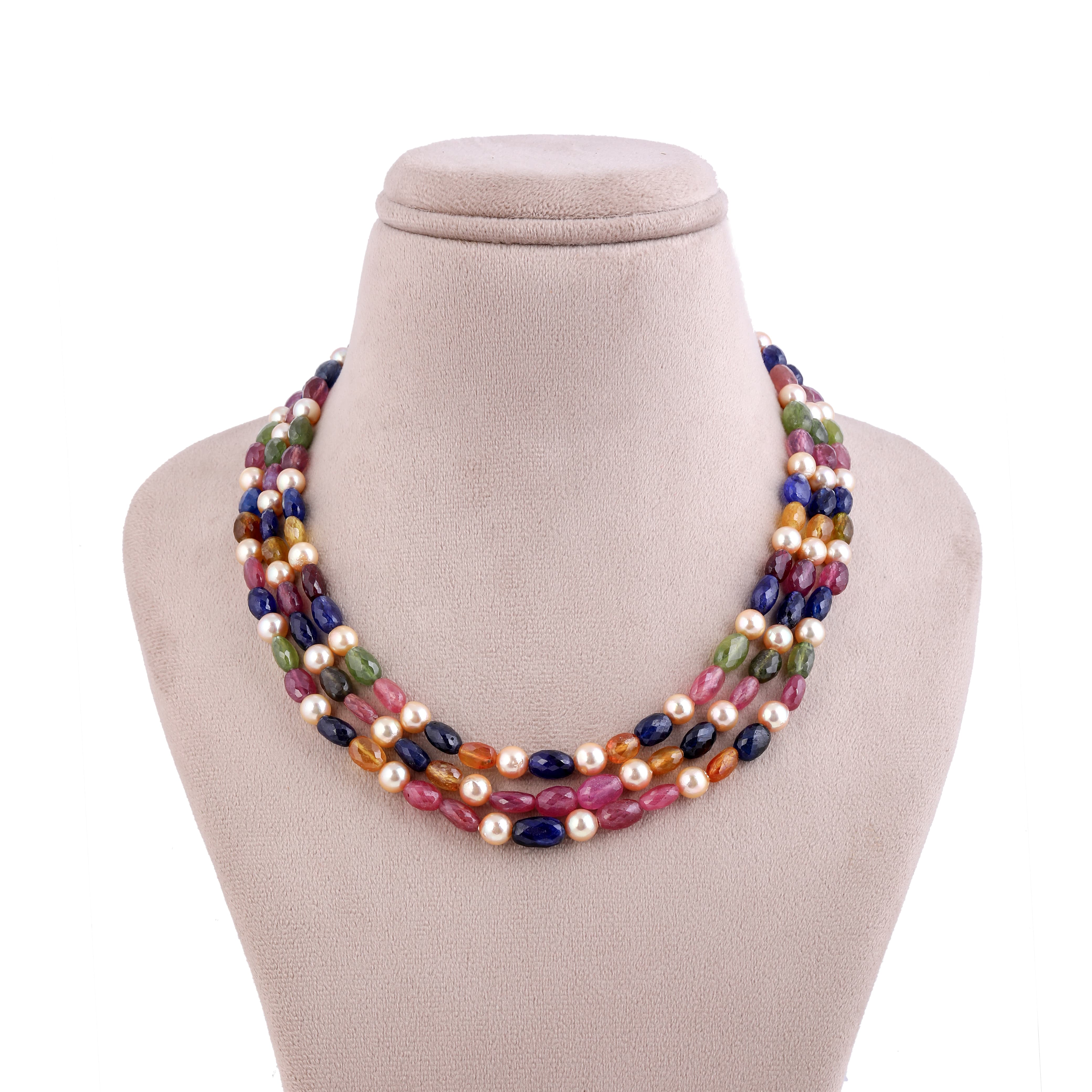 Multicolour Sapphire and Japanese Pearl Three-Line Necklace