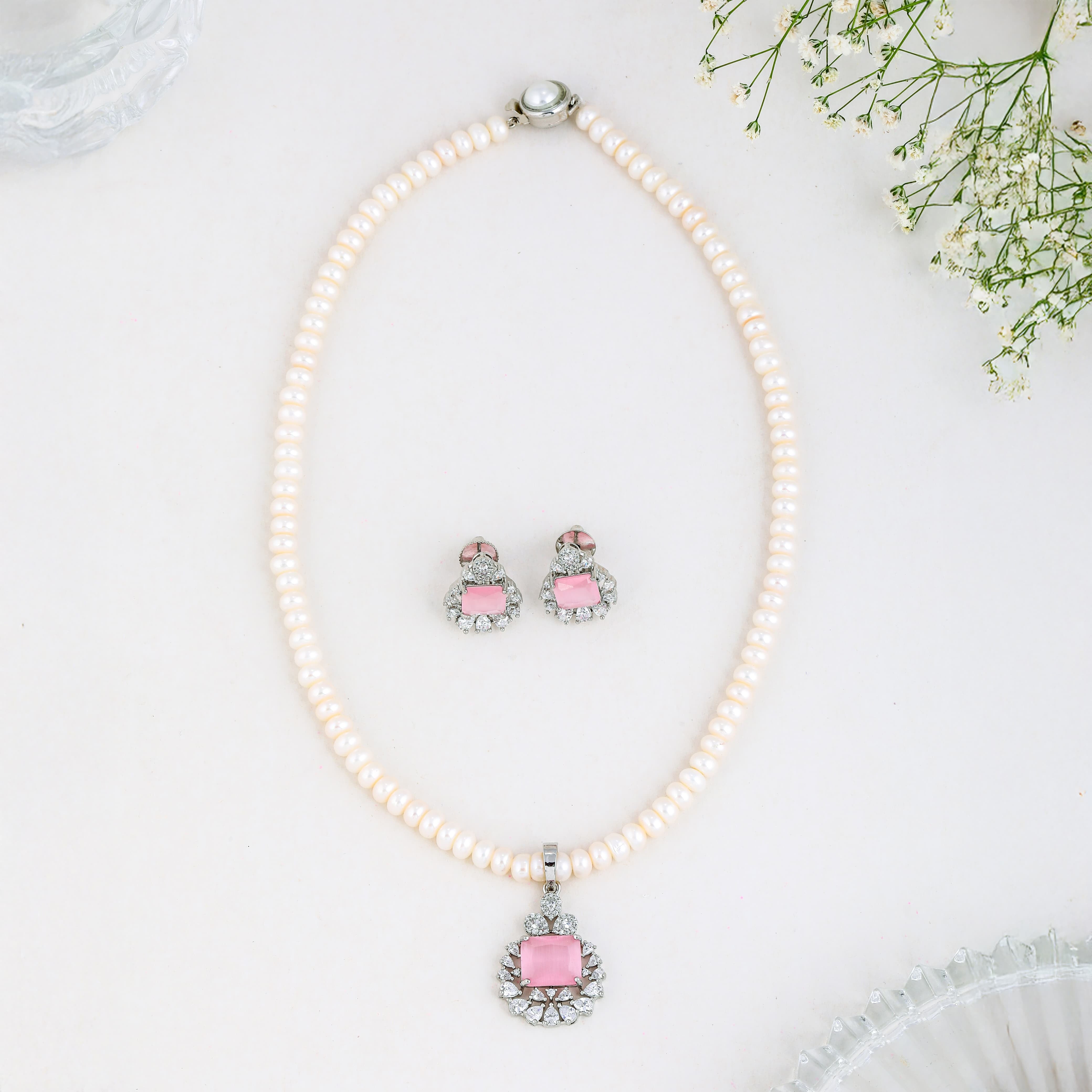 Emerald Shaped Pink Drop Pearl Jewelry Set