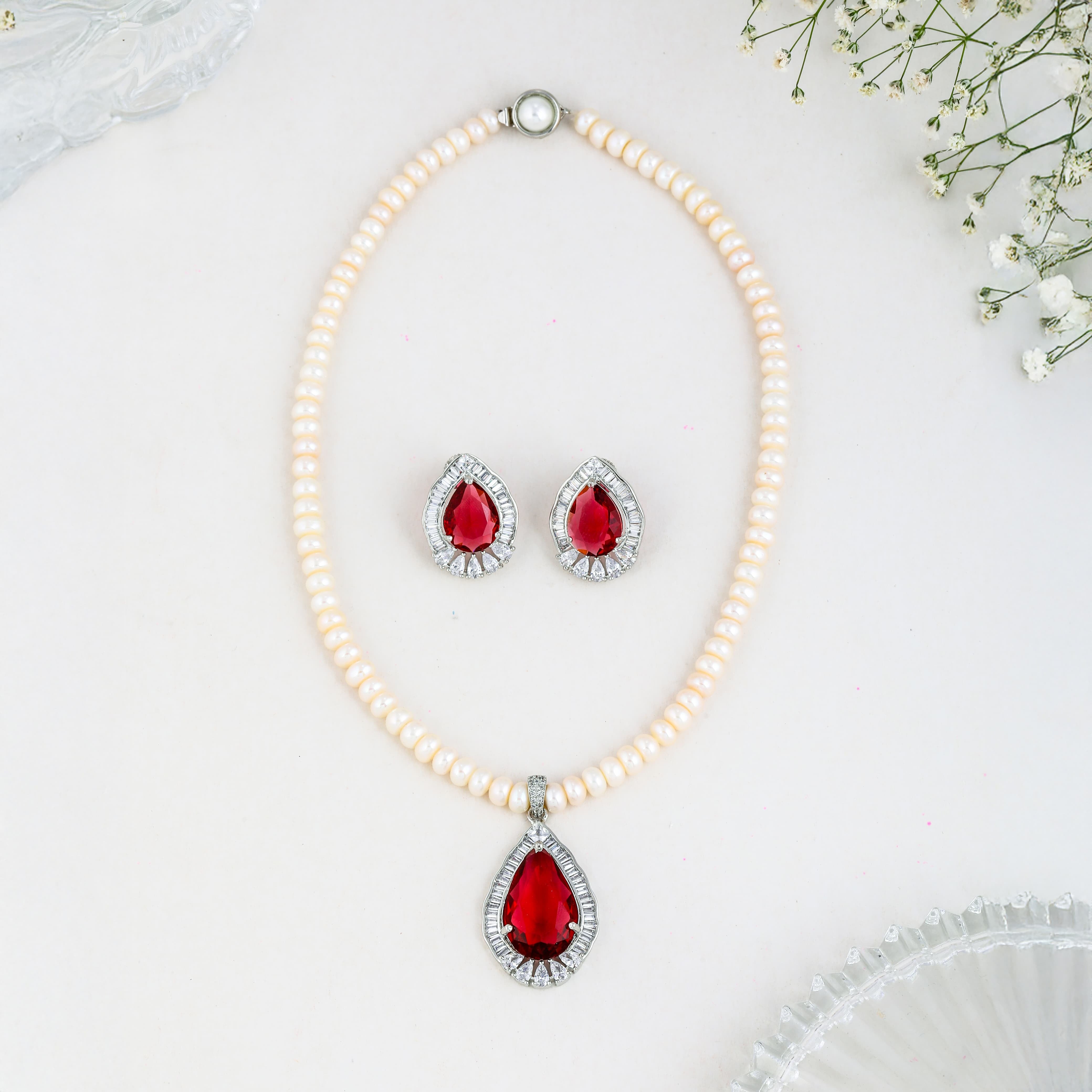 Red Pear Shaped Pearl Jewelry Set