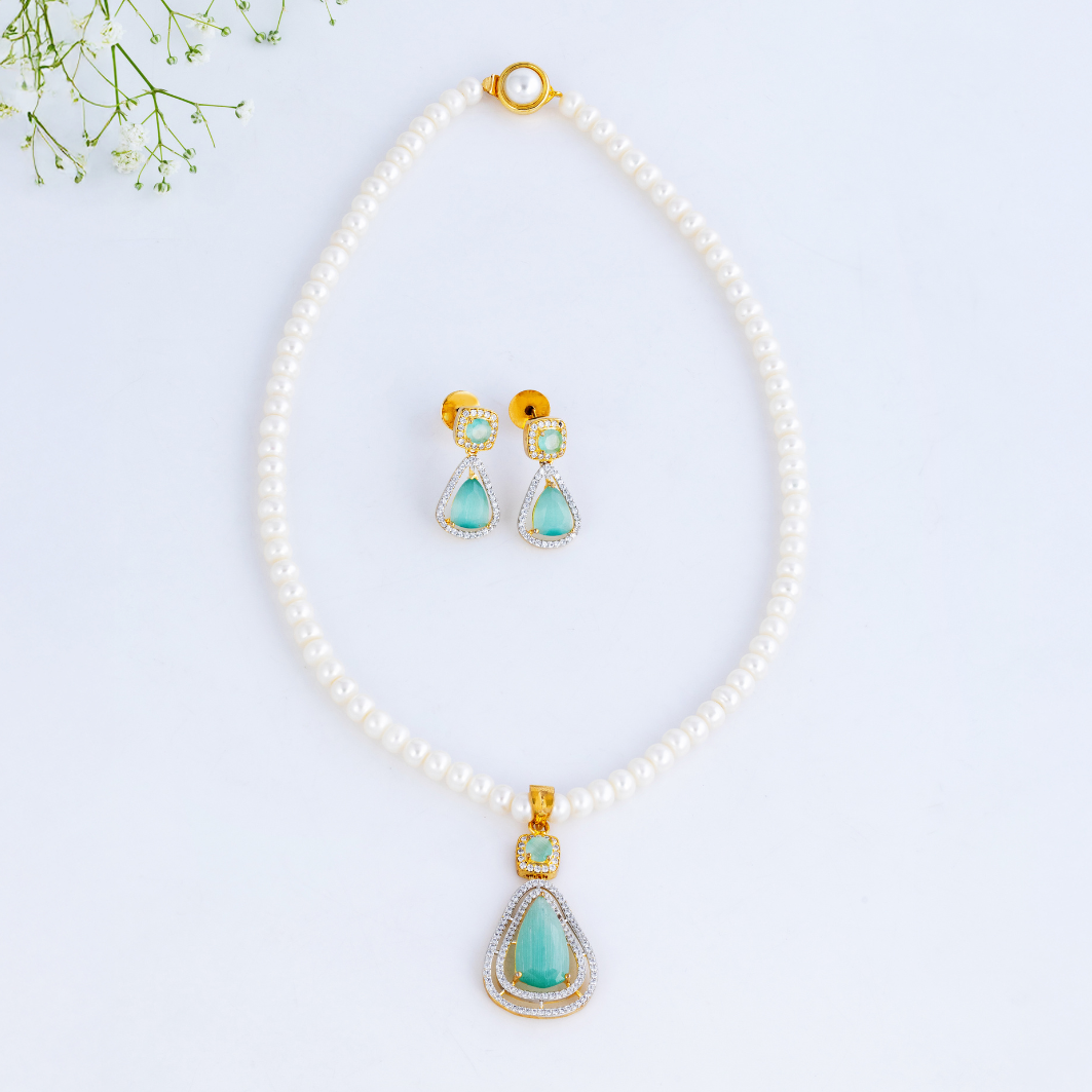 Aqua Gem Pearl Pendant Set