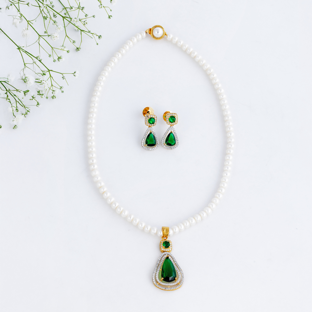 Pearl Marquise Emerald Pendant Set