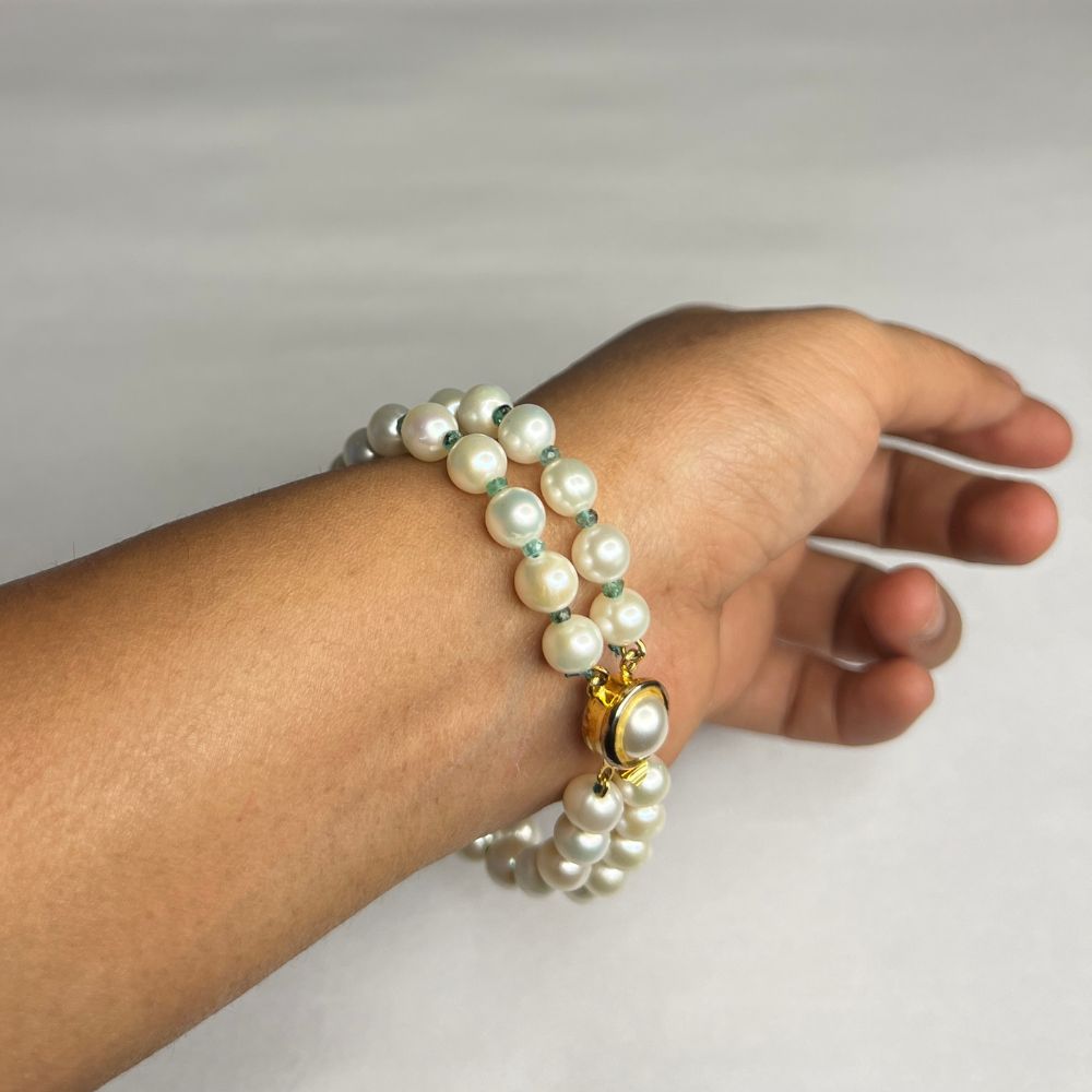 Double Row Emerald Pearl Braclet (7.50mm)