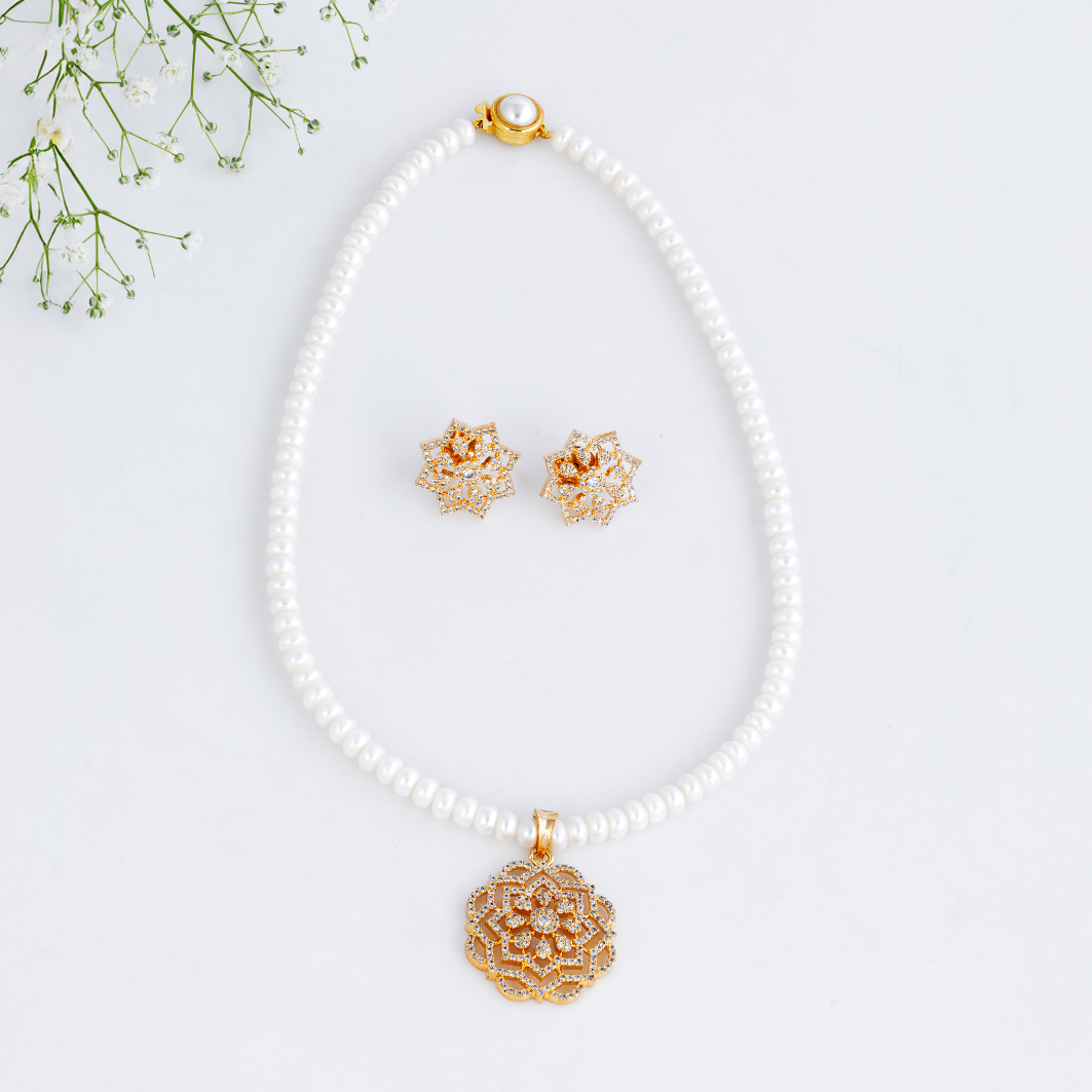 Golden Blossom Pearl Pendant Set