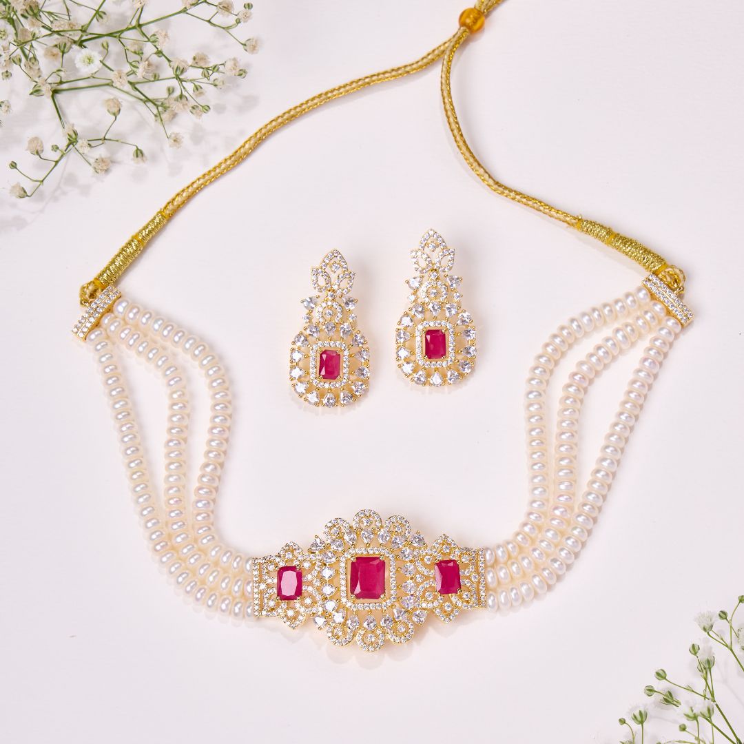 Royal Ruby Elegance Pearl Choker Set