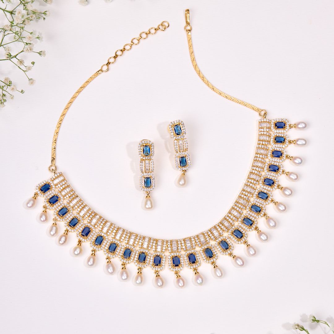 Regal Sapphire Pearl Drops Necklace Set