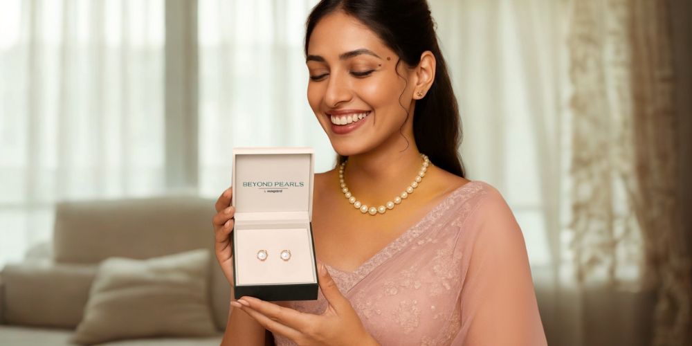 Smiling woman wearing a pearl necklace and holding an elegant jewelry box with pearl earrings, showcasing timeless pearl jewelry gift.