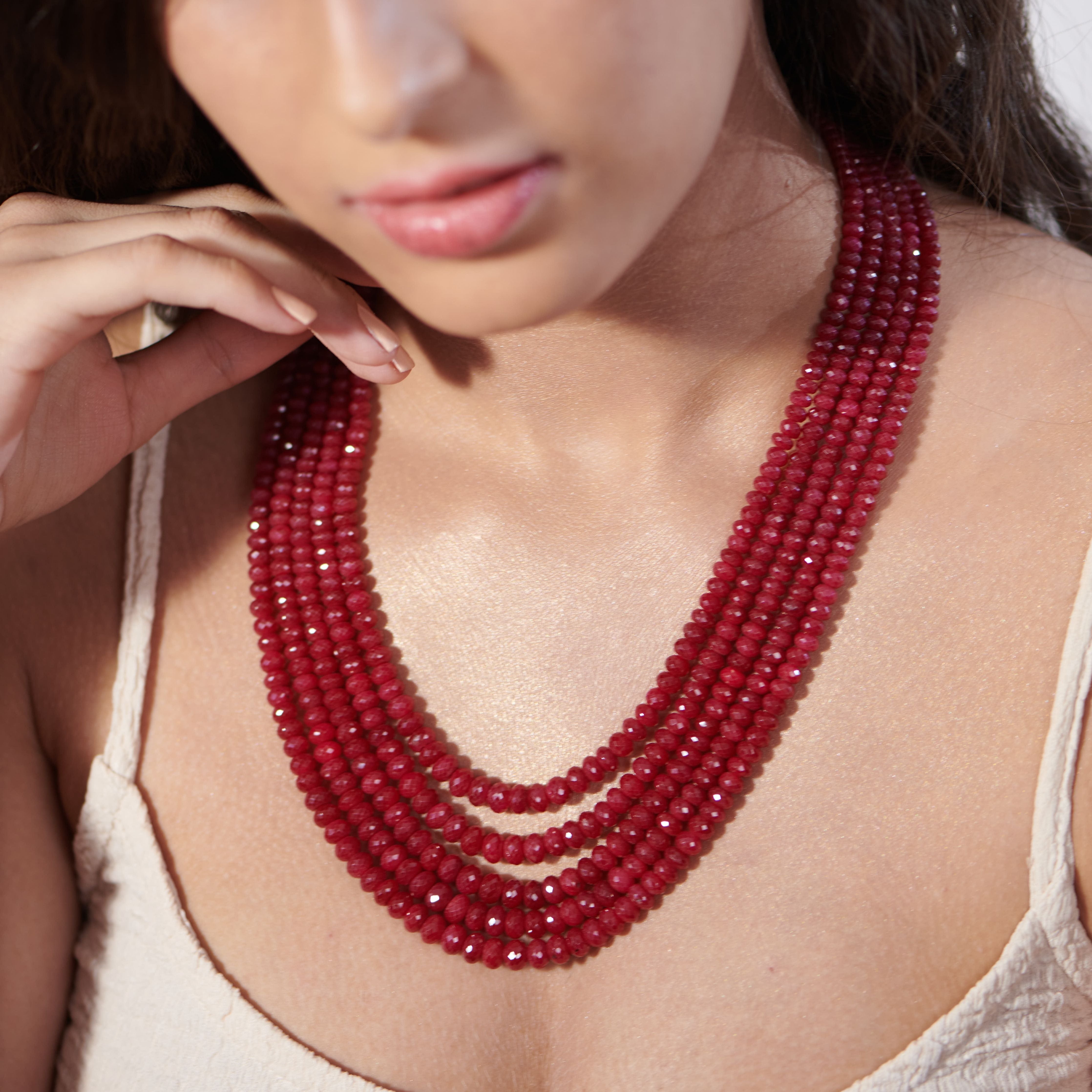 Dazzling Round Ruby Delight: Five-Line Cut Gem Necklace