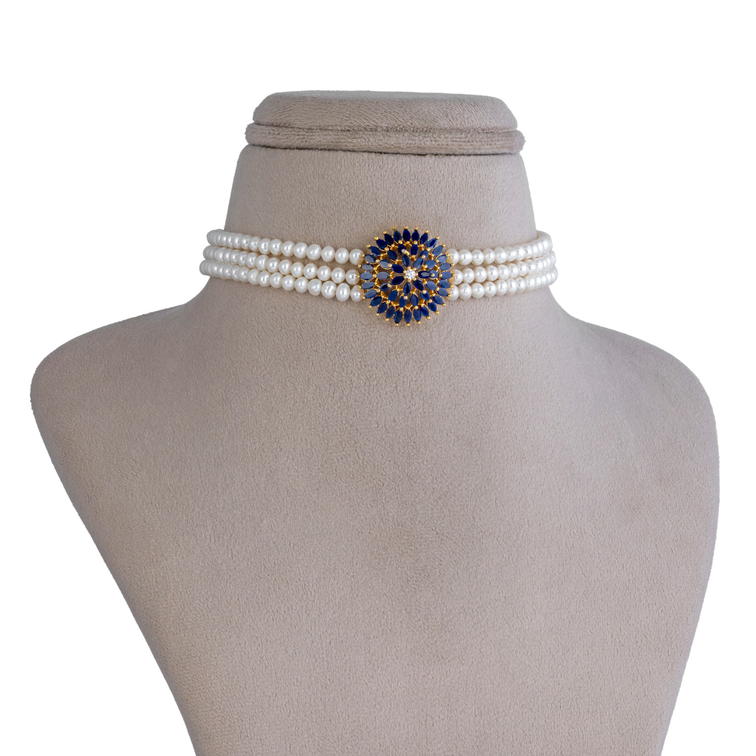 Sapphire Charm Triple-Strand Pearl Choker Set
