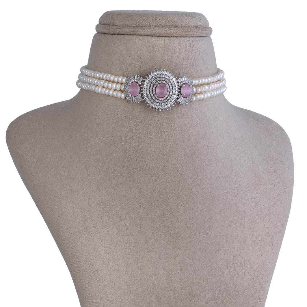 Pink Petal Triple-Strand Pearl Choker Set