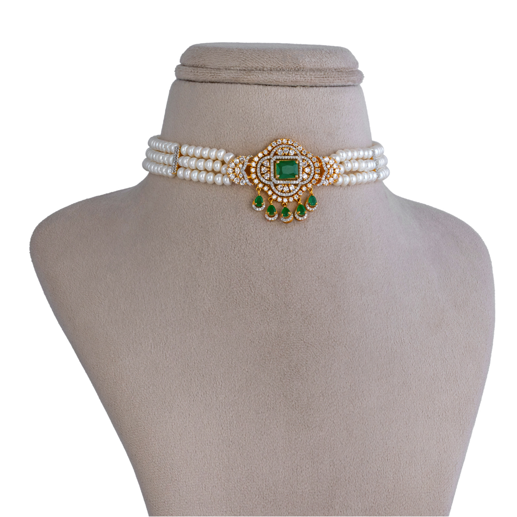 Dazzling Green Drop Triple-Row Pearl Choker Set