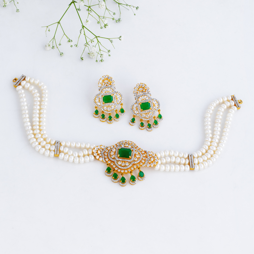 Dazzling Green Drop Triple-Row Pearl Choker Set